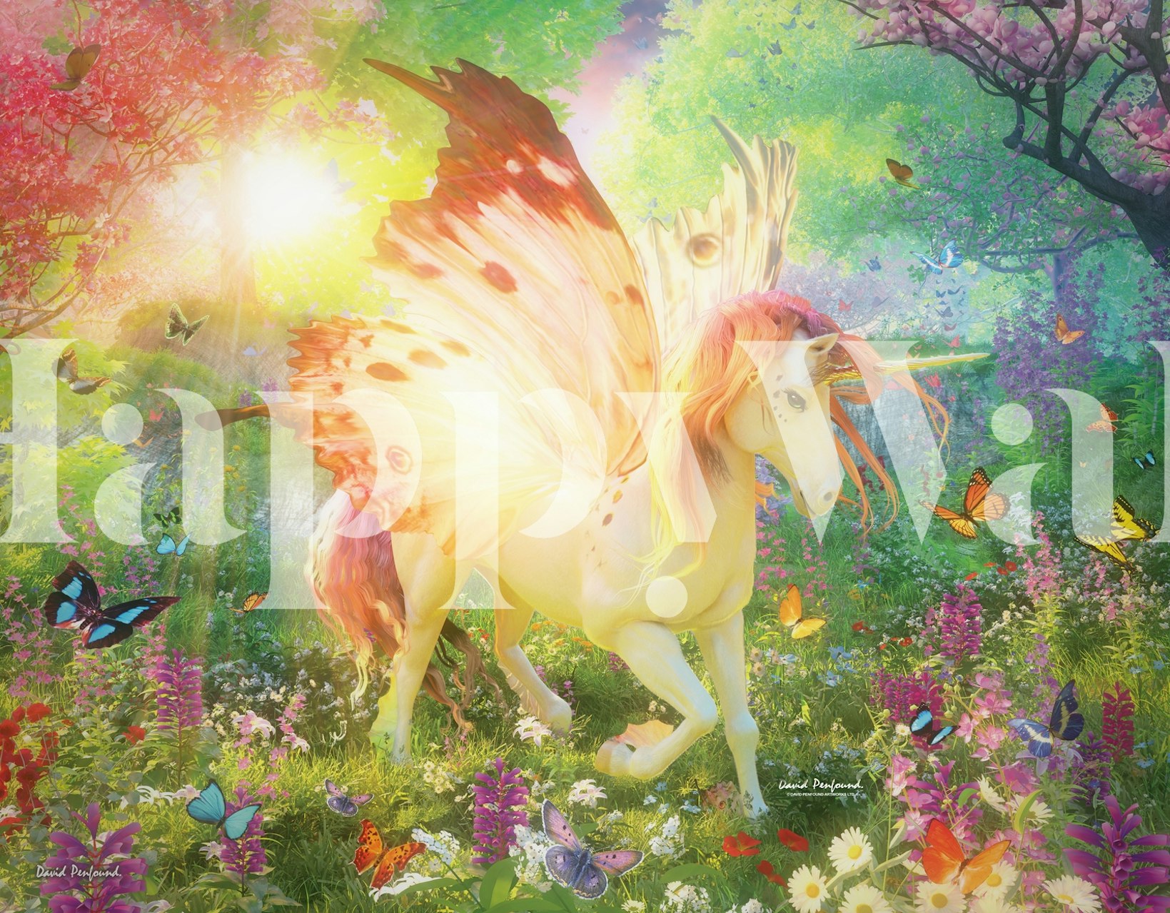 Unicorn with butterfly wings in a colorful flower field wallpaper