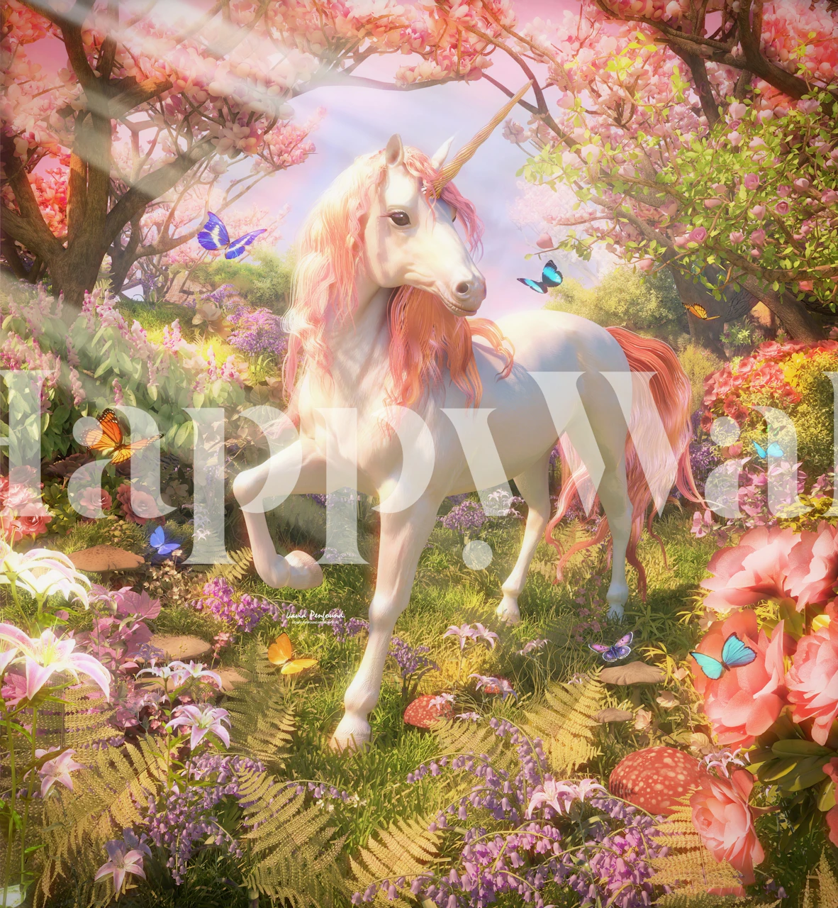 Enchanted unicorn in a spring meadow wall mural with butterflies and flowers.