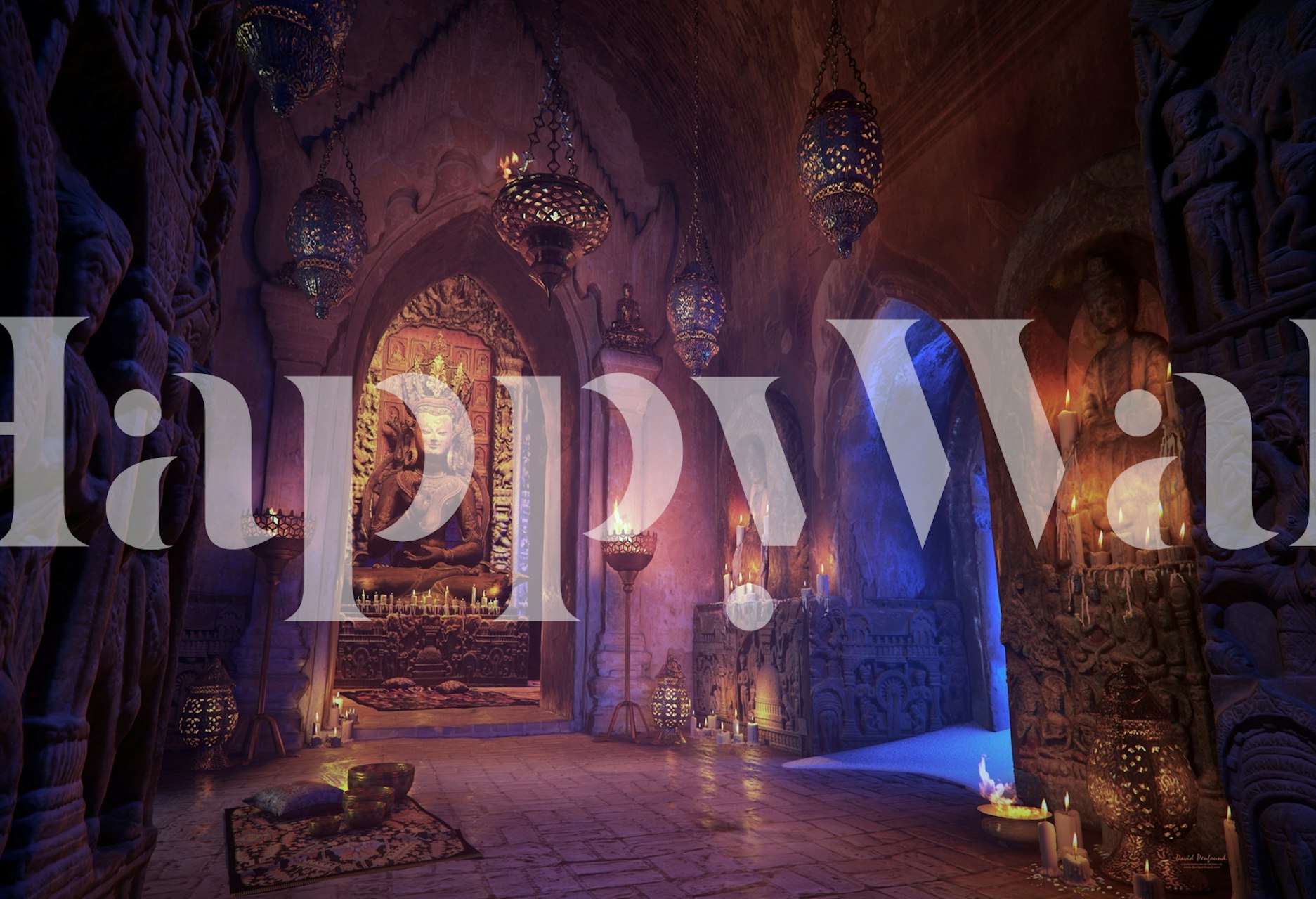 Mystical Buddha Temple wall mural featuring an ethereal blue-lit interior and intricate architectural designs