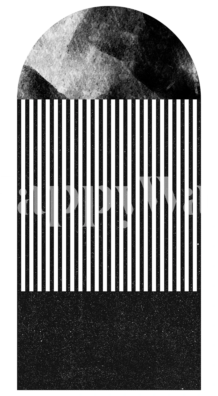 Black and white abstract geometric wall mural with vertical lines and celestial elements