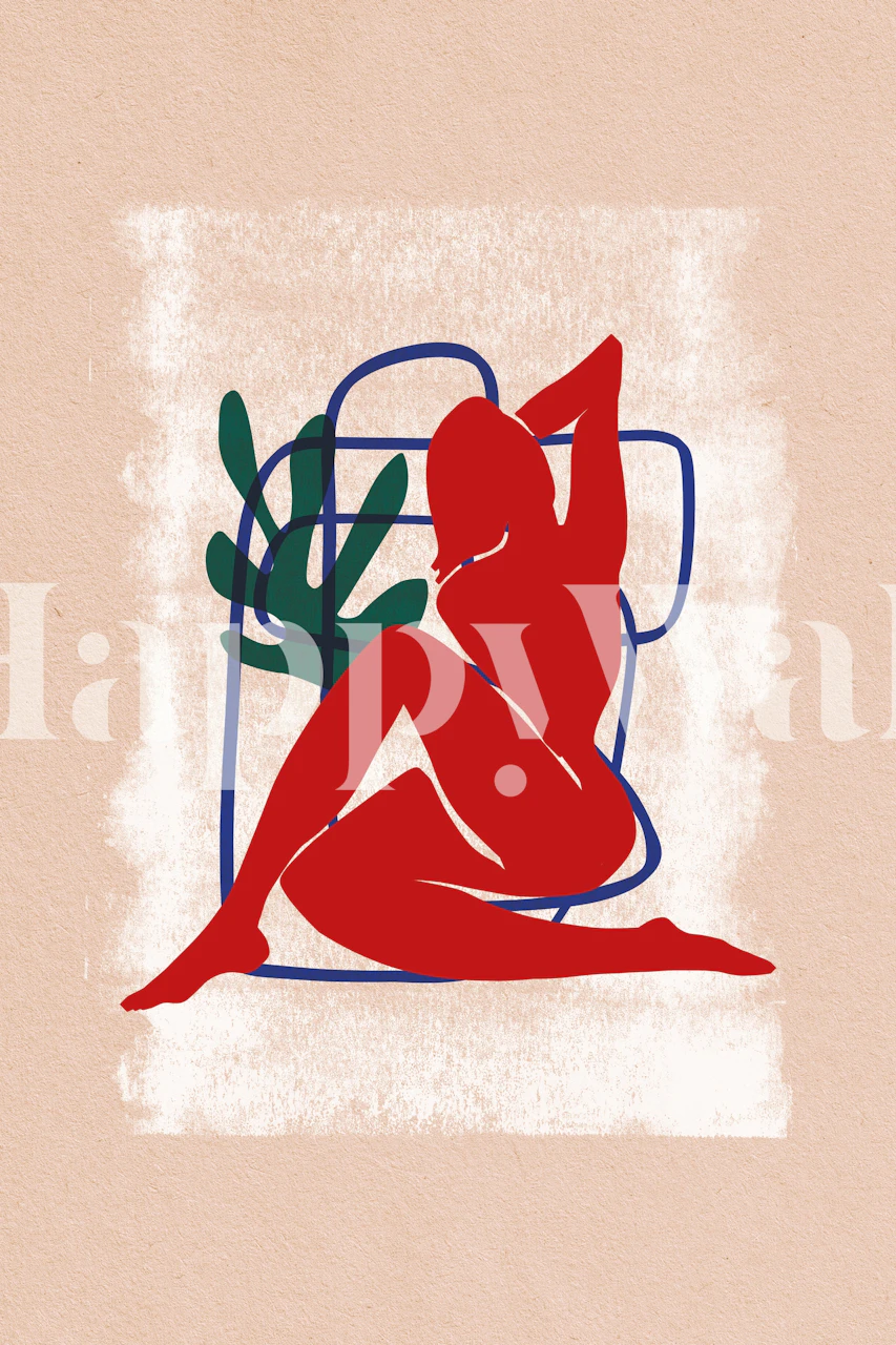 Red abstract figure with green plants on beige background wallpaper