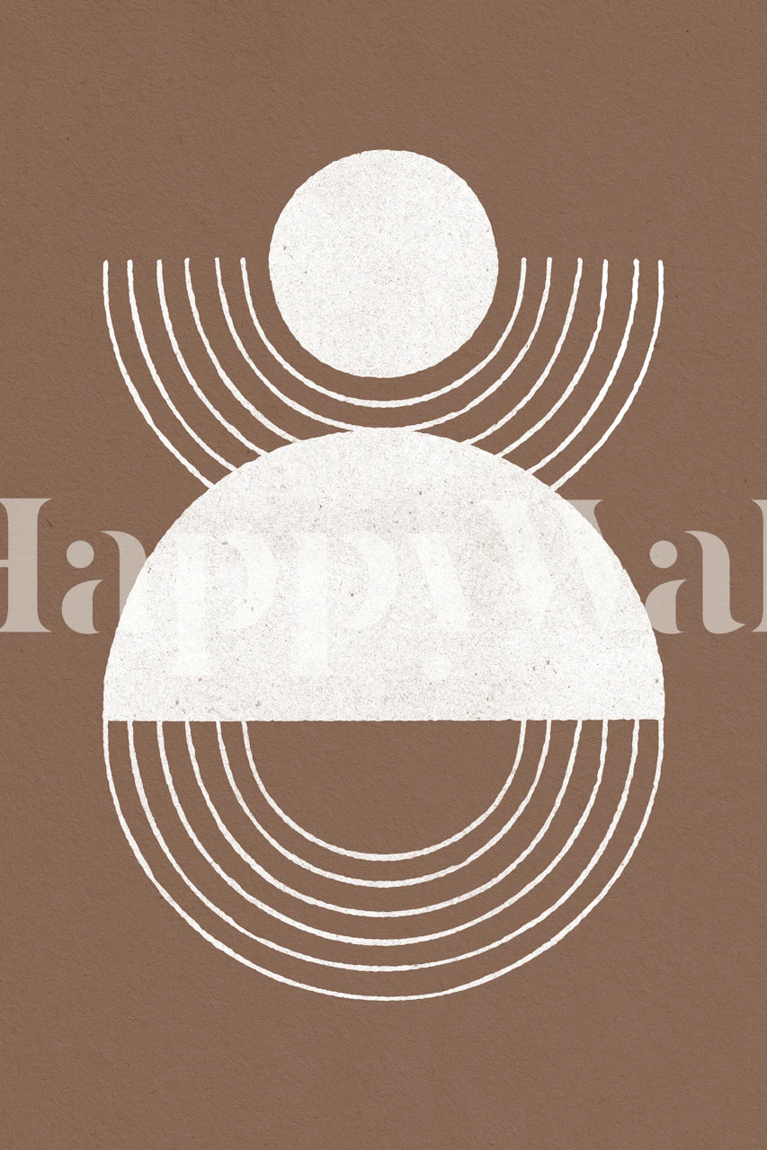 Abstract geometric wall mural featuring circles and lines in white over a warm brown background.