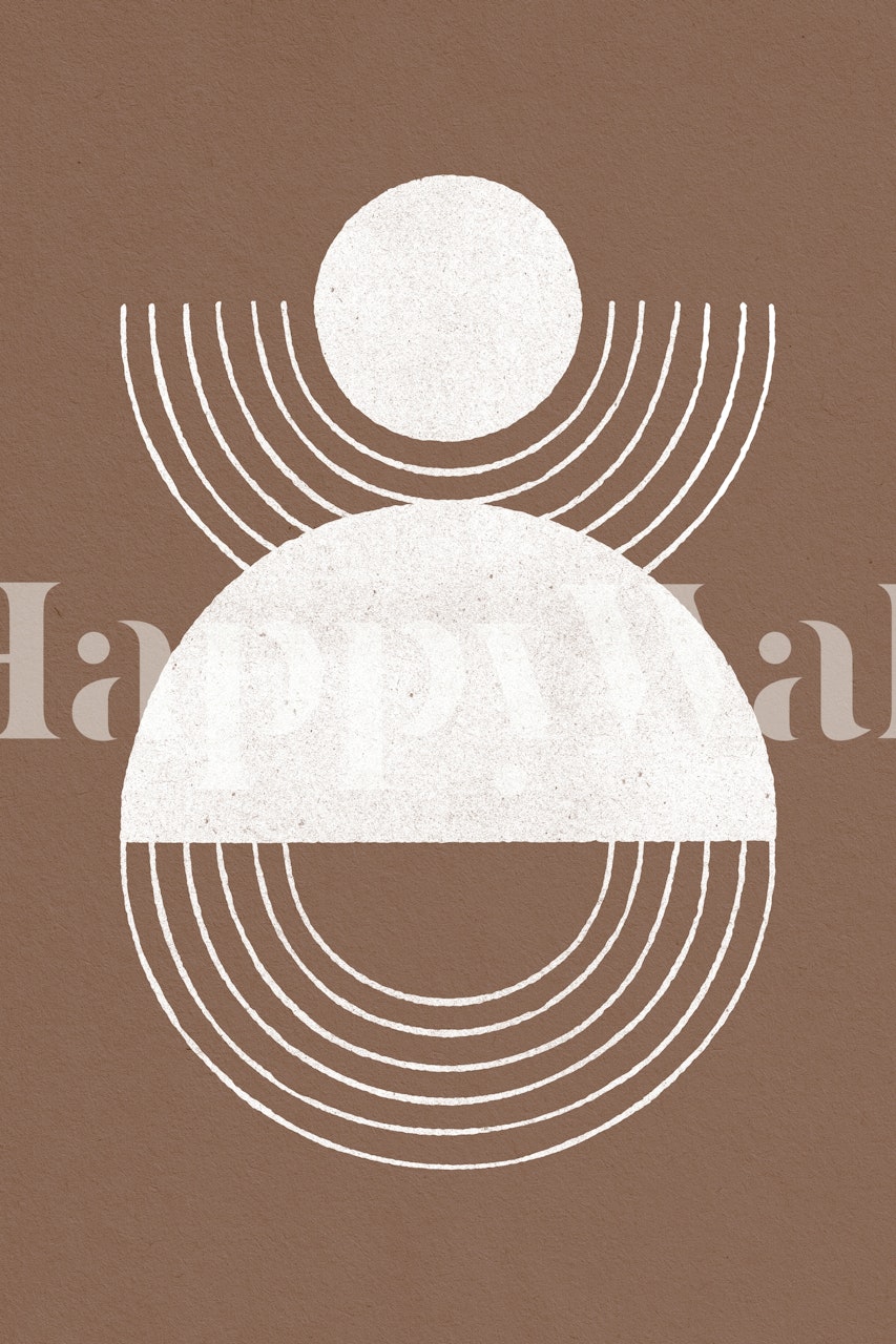 Abstract geometric wall mural featuring circles and lines in white over a warm brown background.