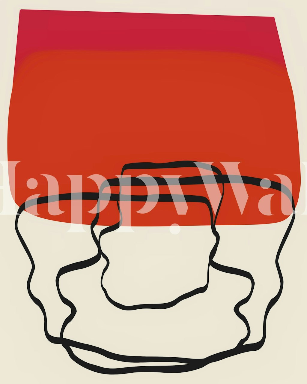 Abstraktní nástěnná malba poloviny století s výraznou terakotou a černými linkami na krémovém pozadí