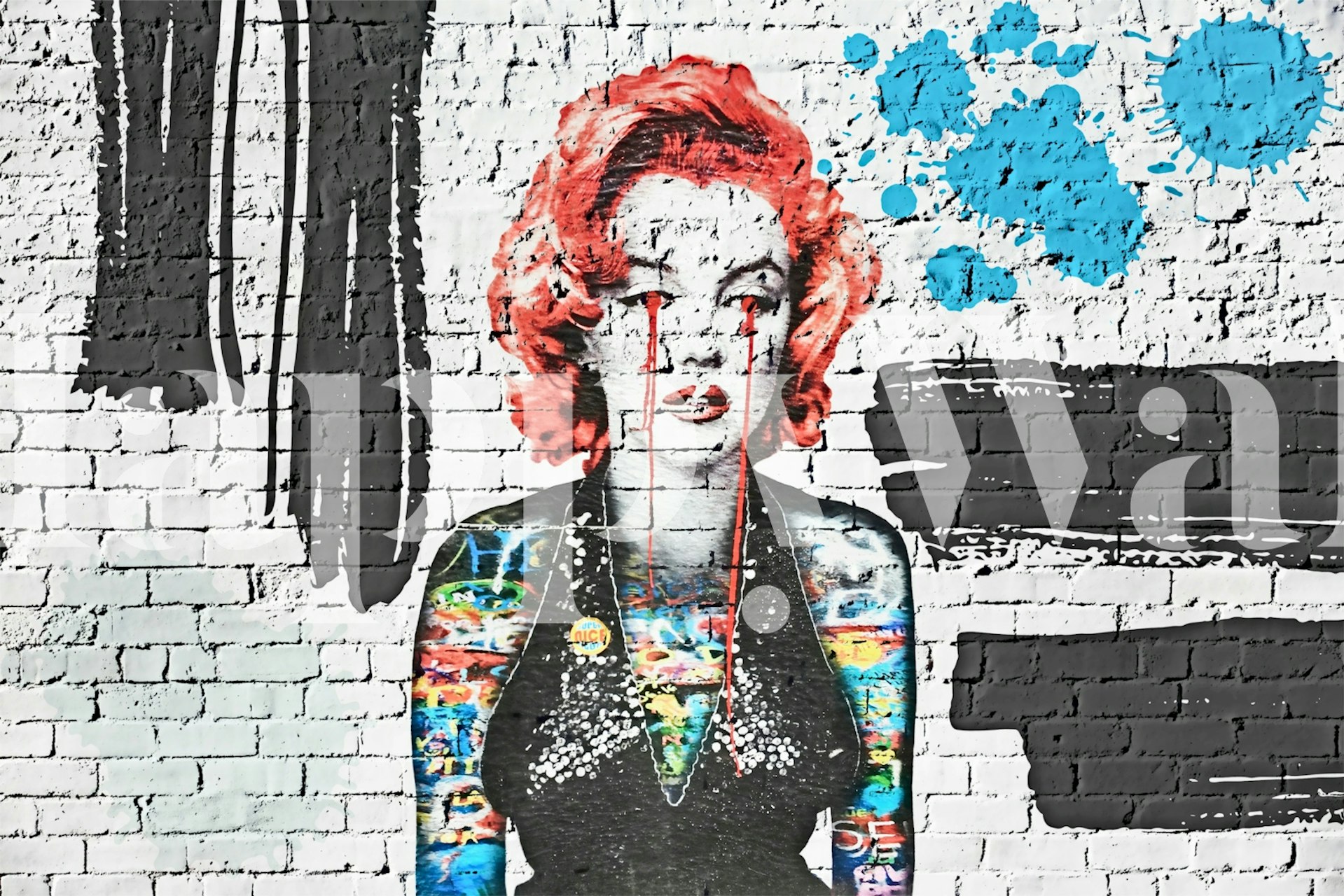 Colorful graffiti mural featuring a woman with red hair and vibrant patterns wallpaper