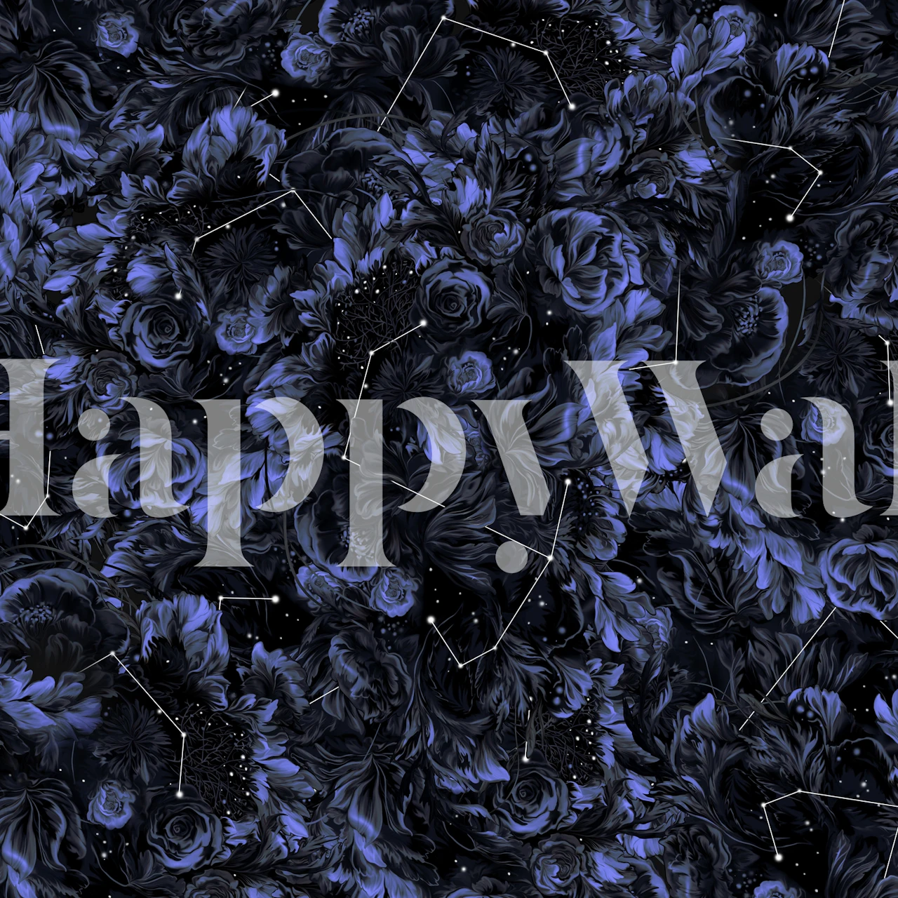 Navy and dark floral wallpaper with constellation patterns