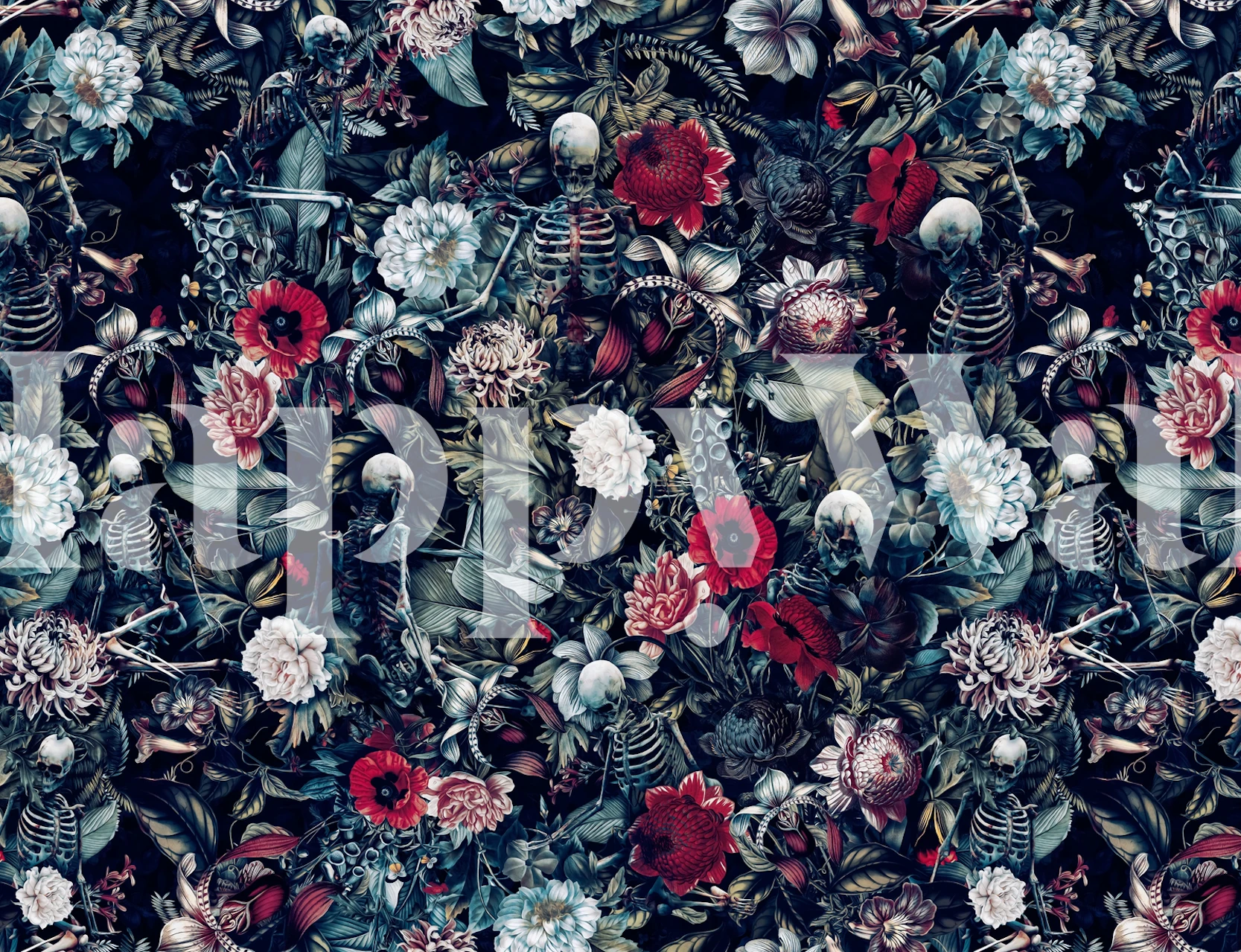 Floral and skeletons pattern in vibrant colors wallpaper