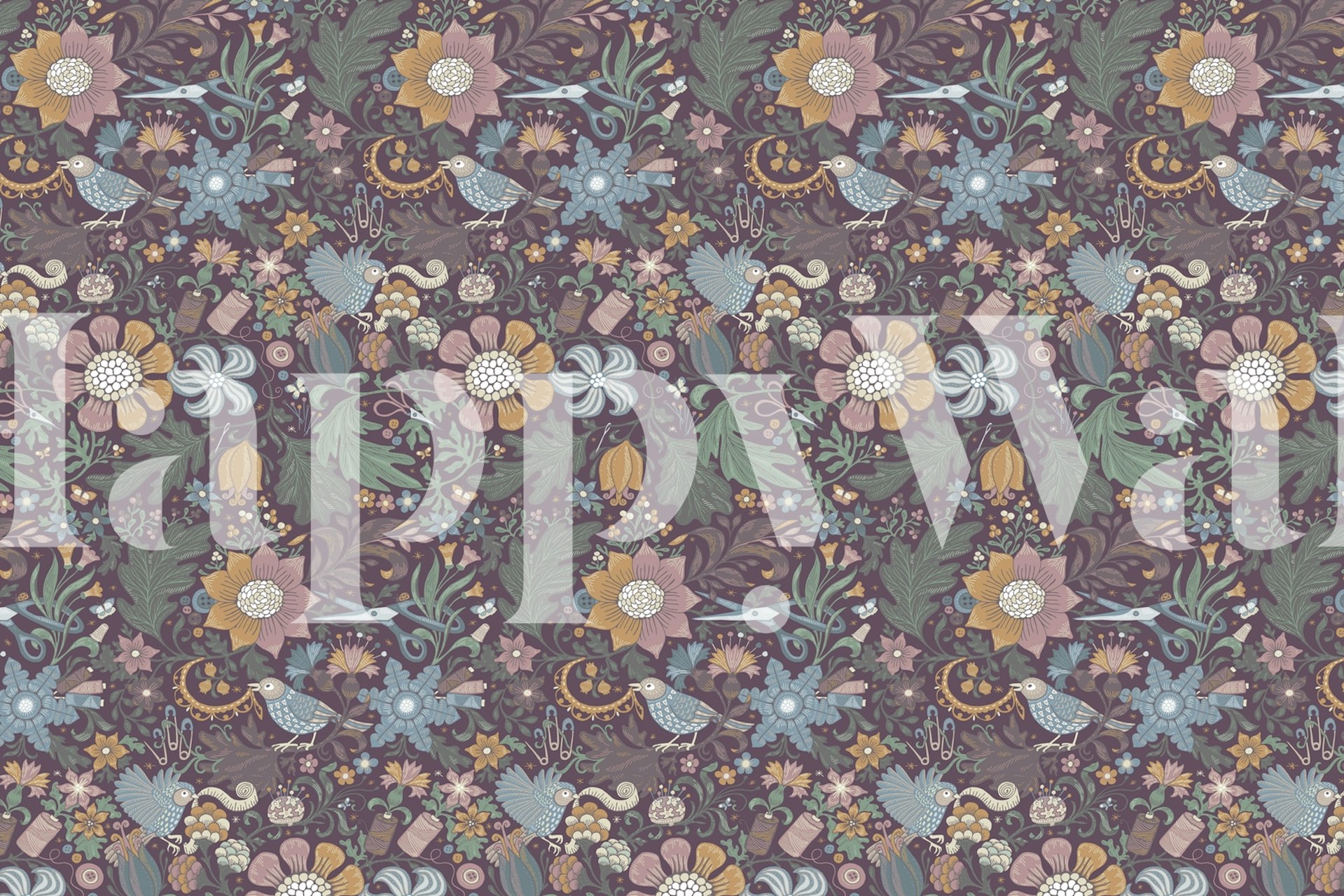 Sewing Story Mauve floral wallpaper in a room