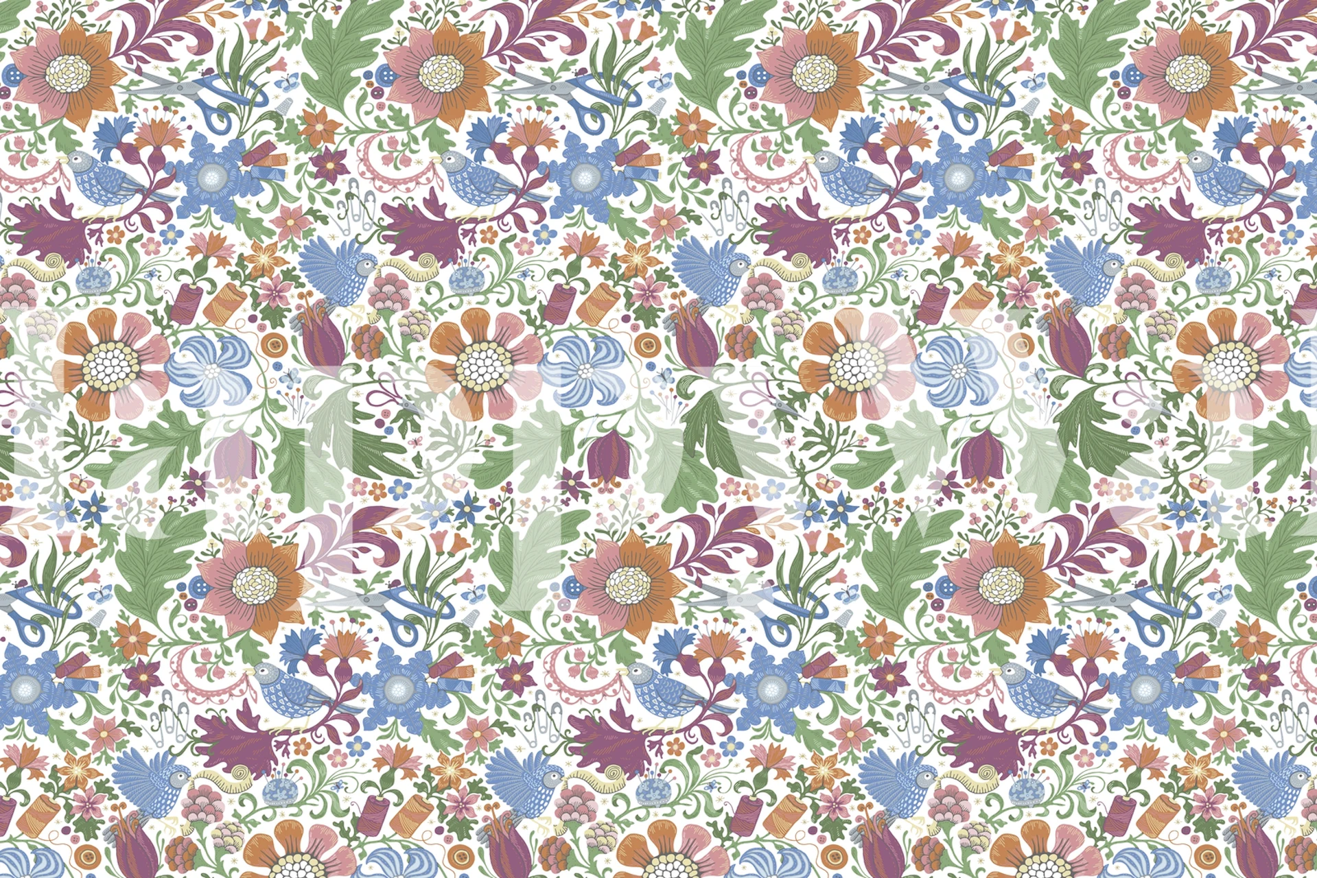 Elegante Fototapete mit Paisley- und Blumenmuster in sanftem Weiß mit Pastellfarben