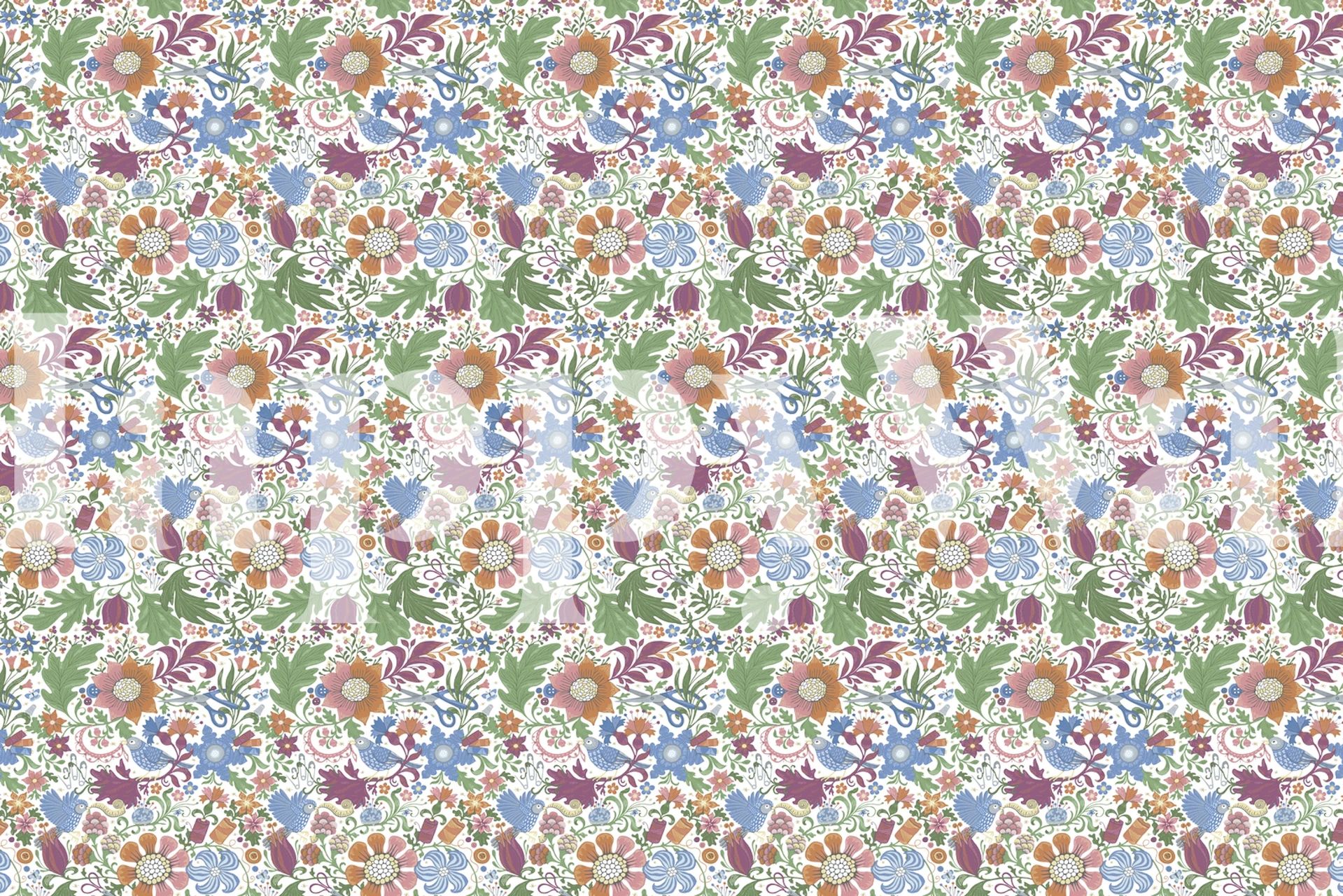 Sewing Story White Small floral wallpaper in room