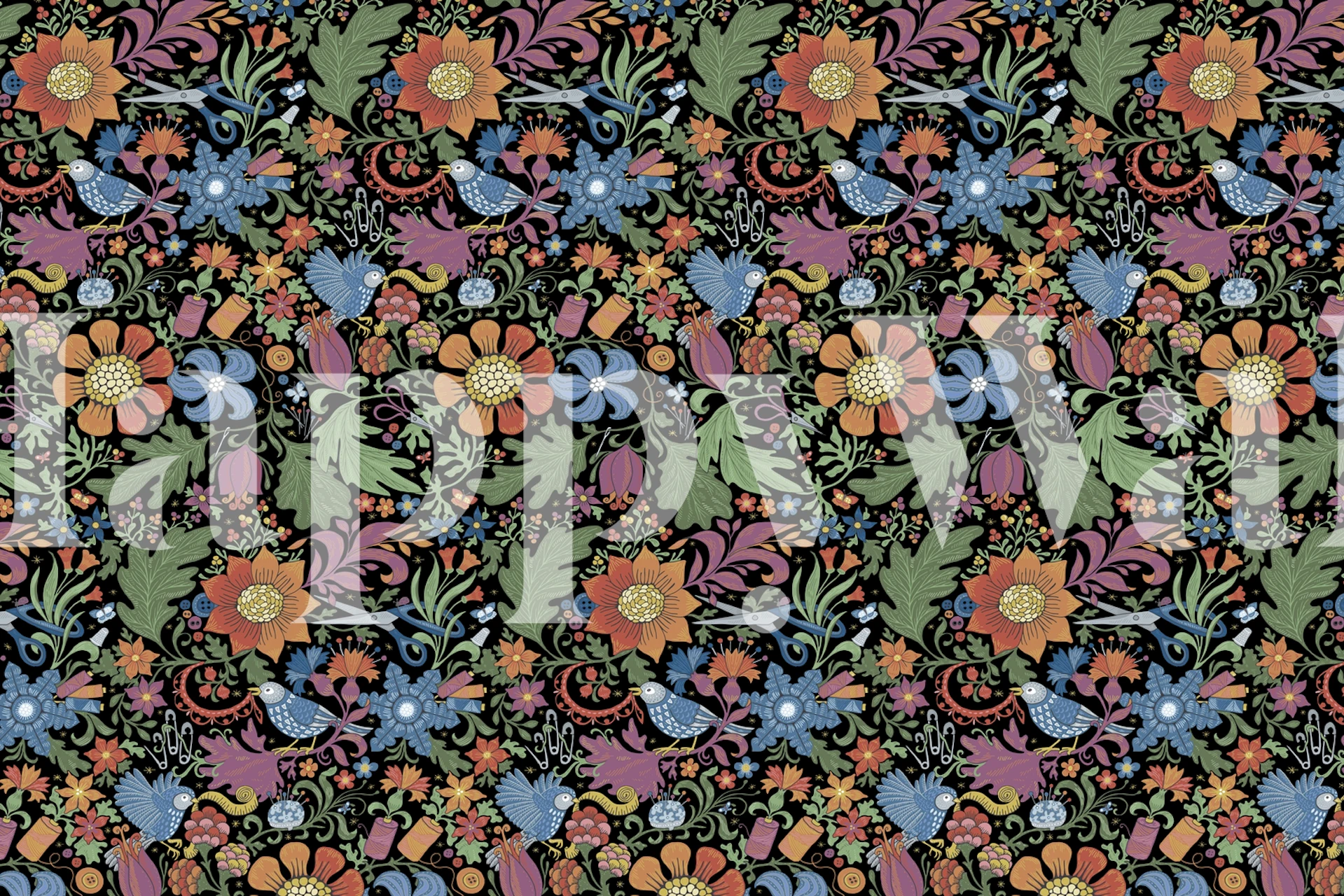 Vintage vægmaleri med sytema med sort baggrund og farverige blomstermønstre