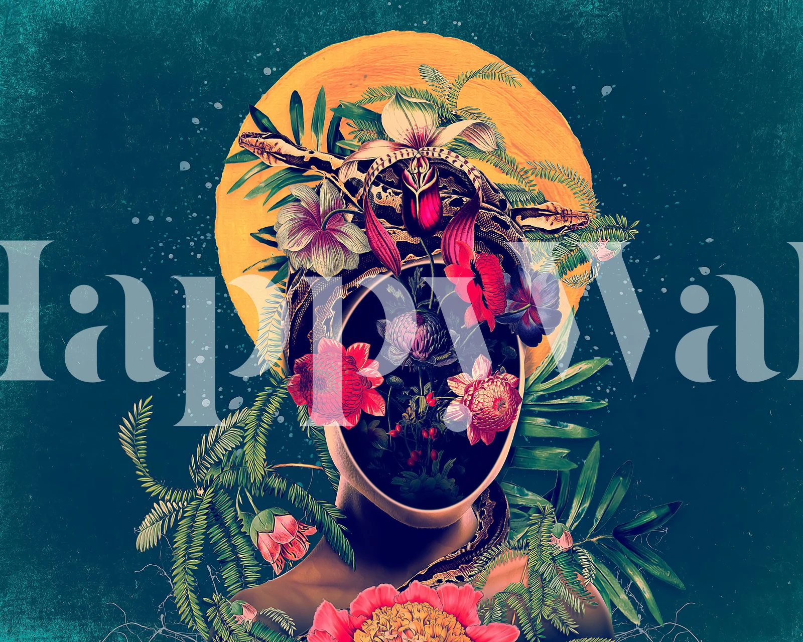 Floral wallpaper with bright flowers and green leaves on dark background