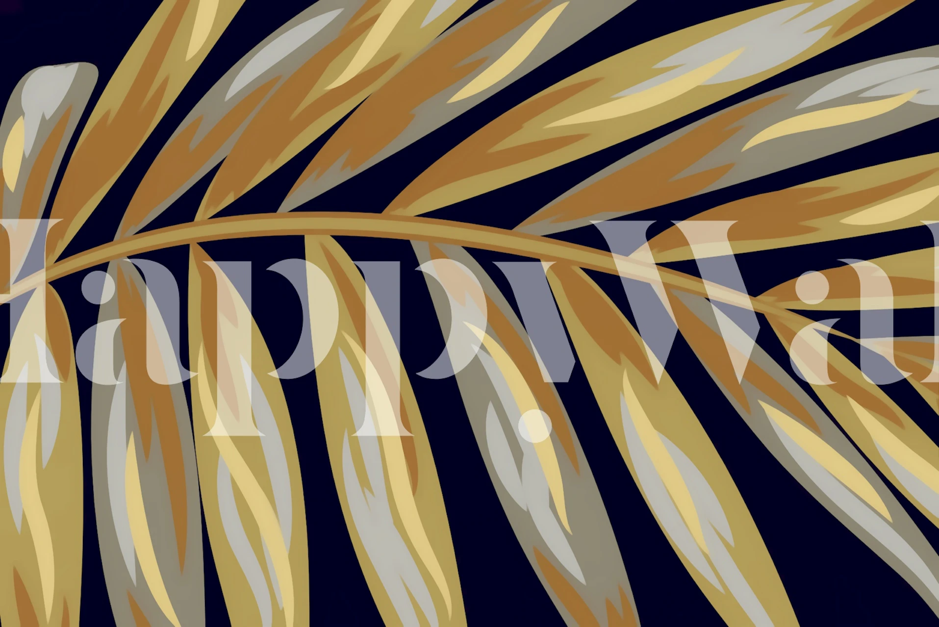 Tropical palm leaf in gold and grey on dark background wallpaper