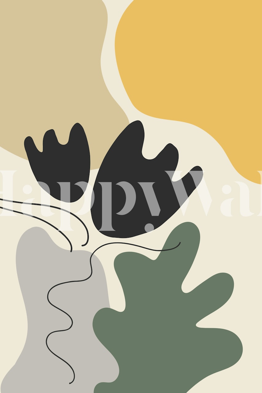 Black, green, yellow leaf shapes on beige background wallpaper