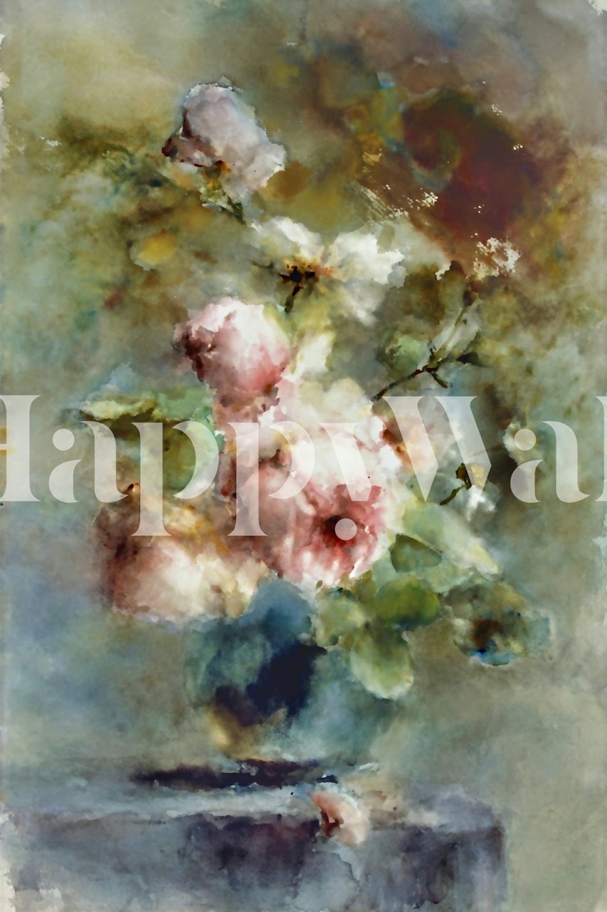 Pink roses bouquet with green leaves in watercolor style wallpaper