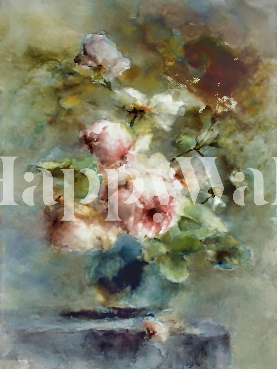 Pink roses bouquet with green leaves in watercolor style wallpaper