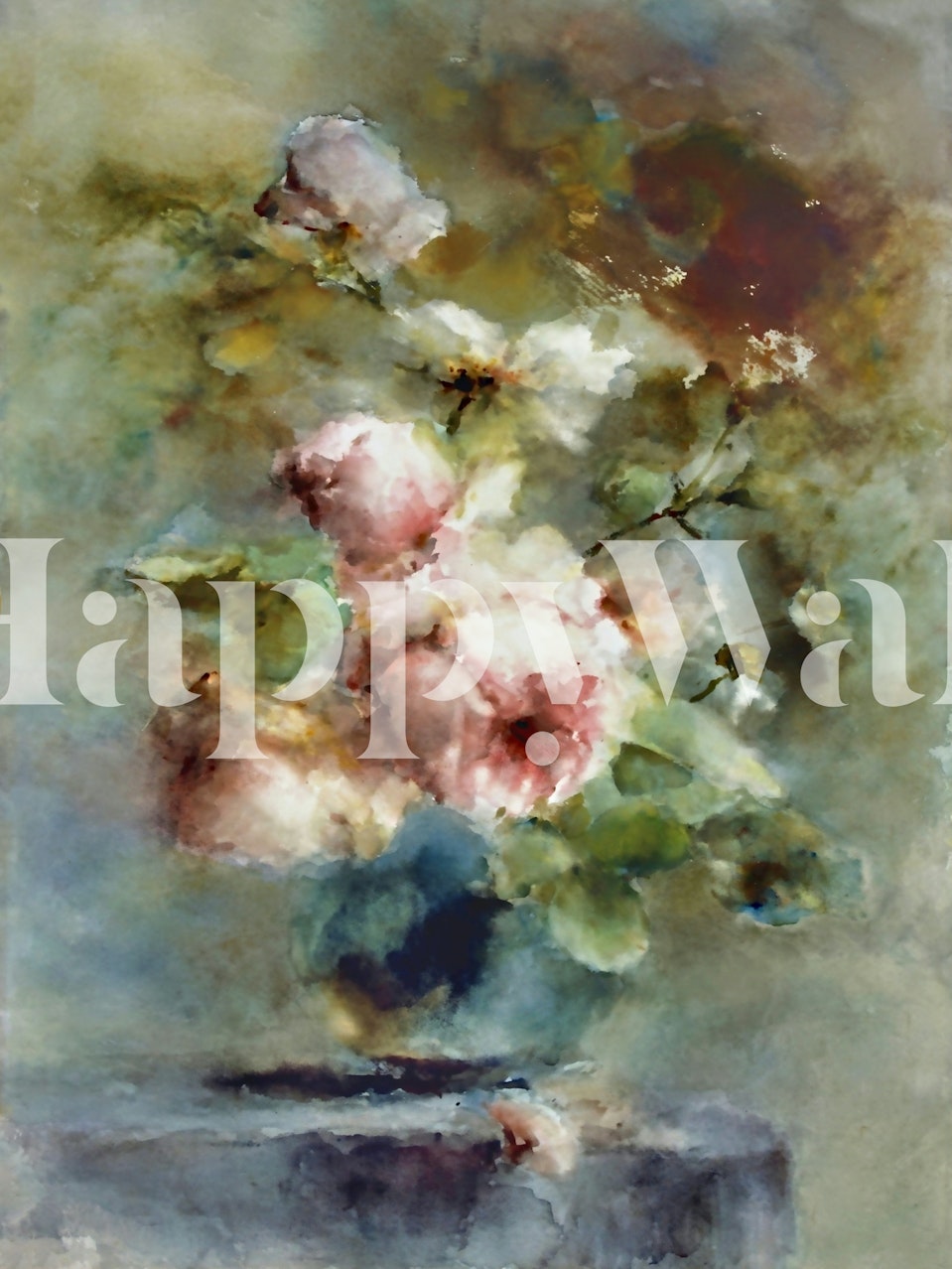 Pink roses bouquet with green leaves in watercolor style wallpaper