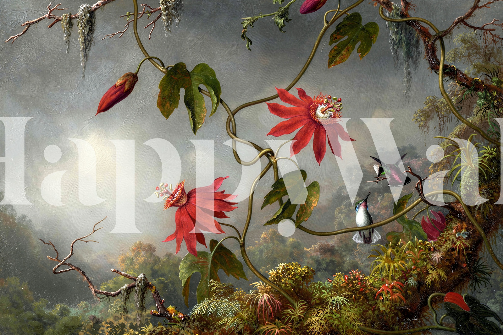 Tropische jungle met felgekleurde bloemen en een kolibrie, vintage stijl wallpaper