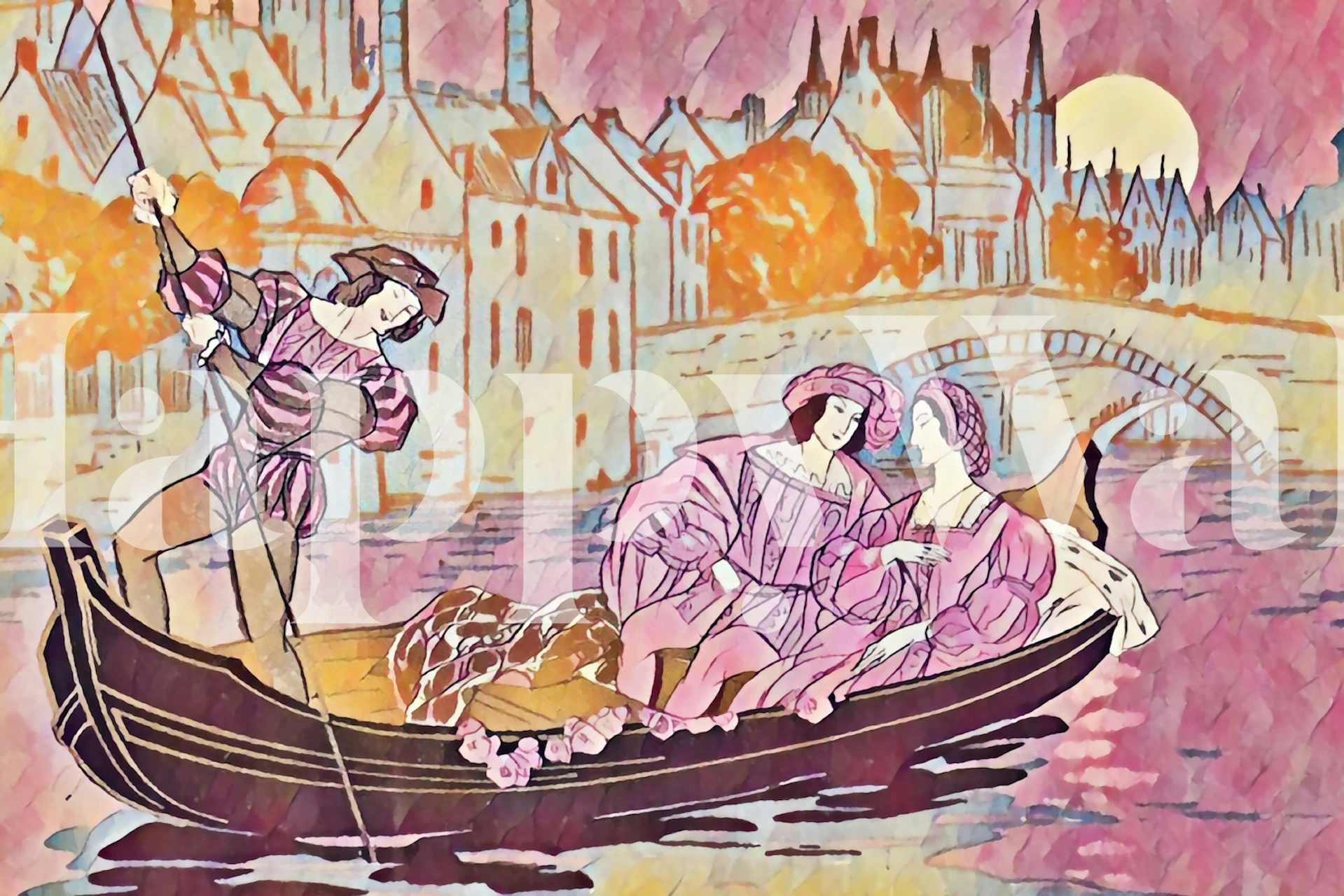 Retro-style wall mural depicting pink-toned lovers on a boat with a Renaissance aesthetic