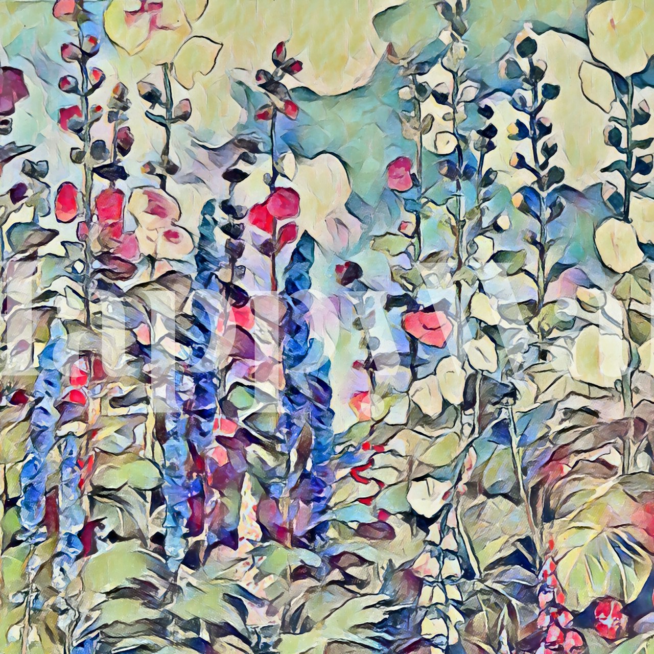Vintage impressionistic painting of a floral garden with muted, pastel colors for a wall mural