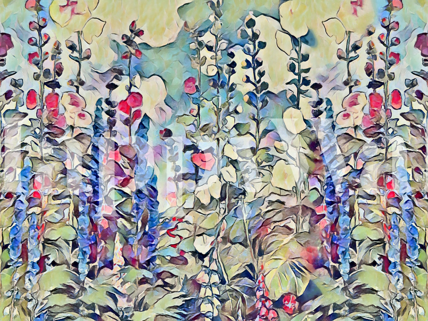 Vintage impressionistic painting of a floral garden with muted, pastel colors for a wall mural