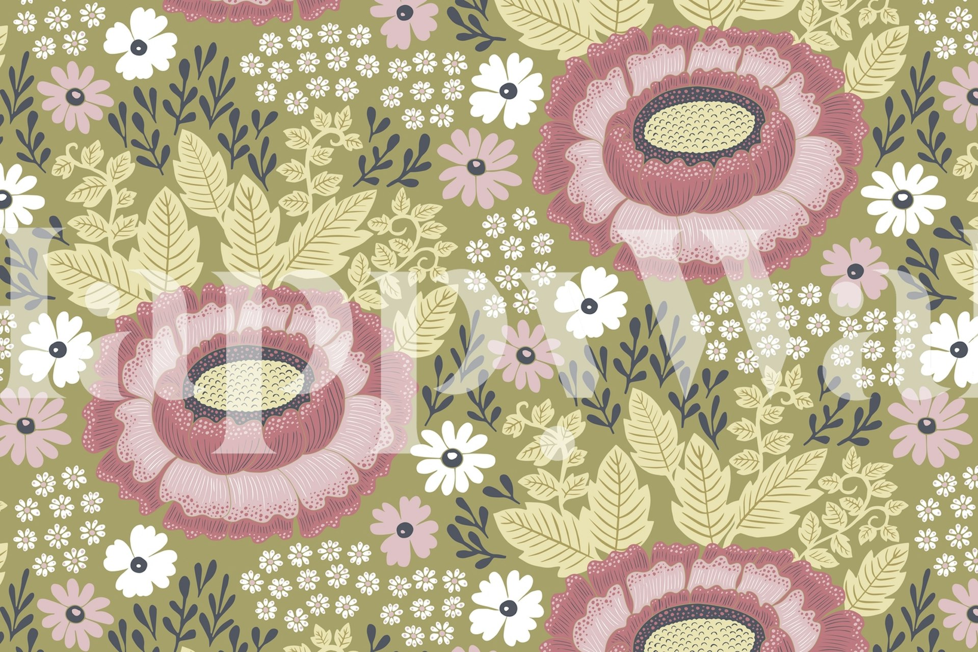 Freja Pink wall mural with pink geometric patterns and floral designs on a muted background