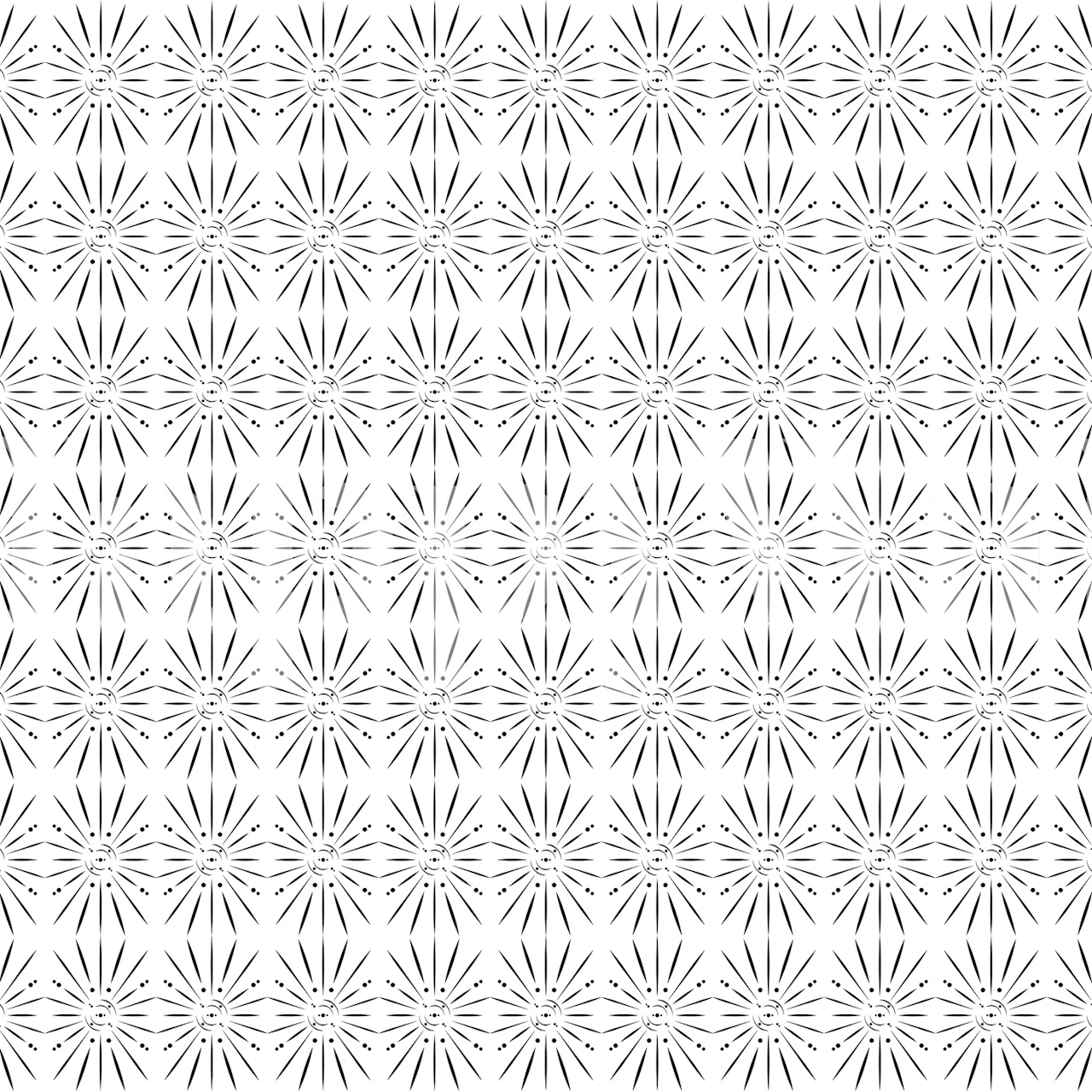 Black and white floral pattern wallpaper with intricate starburst designs