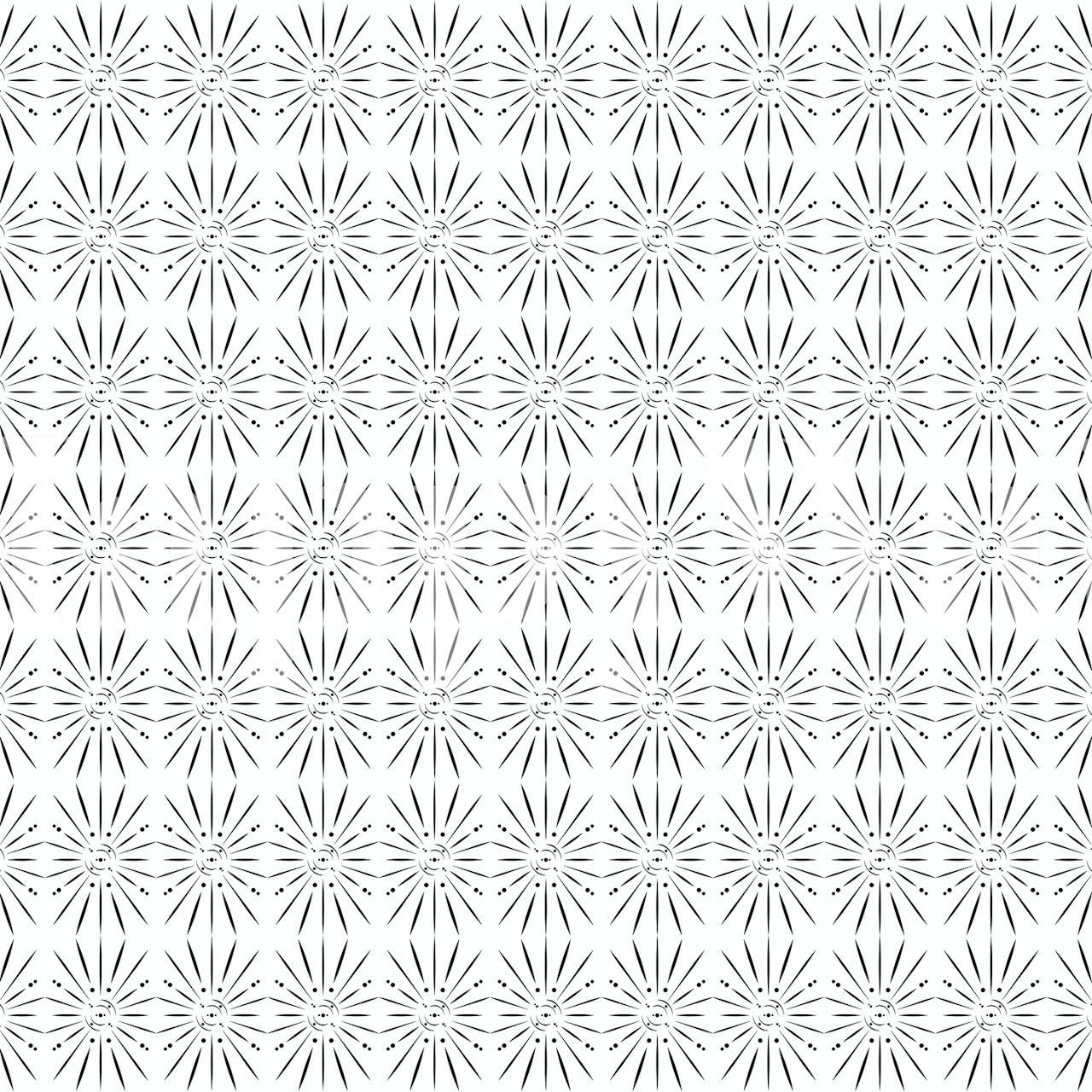 Black and white floral pattern wallpaper with intricate starburst designs
