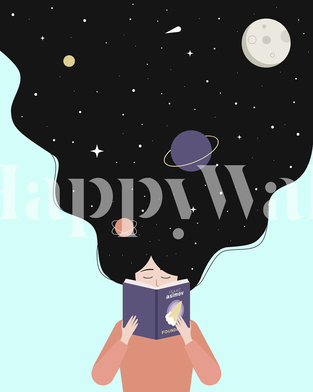 Girl reading a book with stars and planets in hair wallpaper