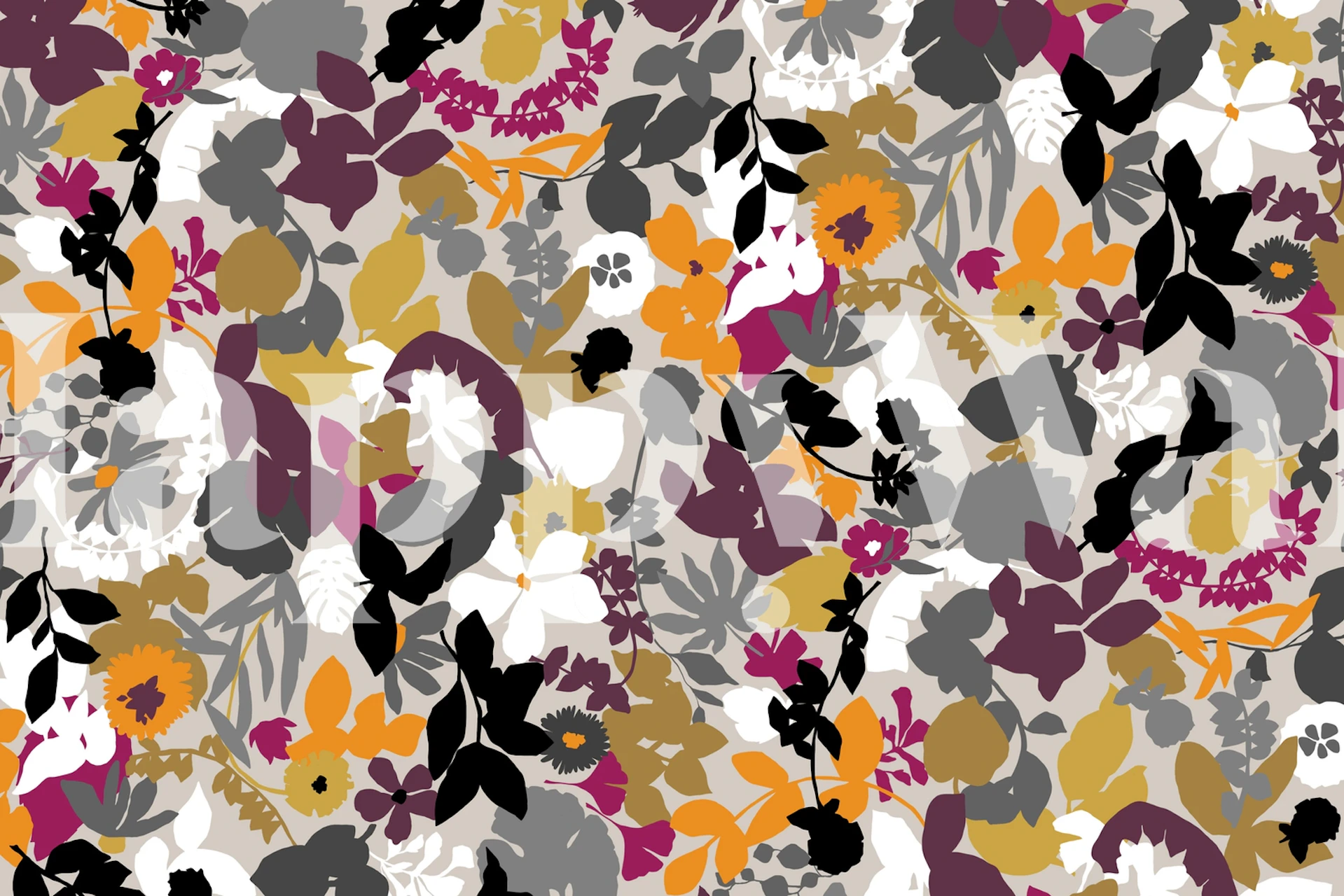 Abstract foliage wall mural in mustard, grey, and purple colors