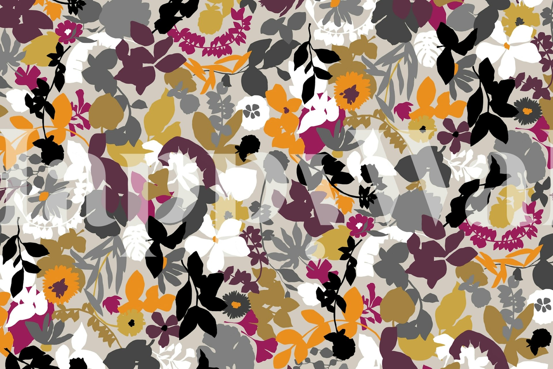 Abstract foliage wall mural in mustard, grey, and purple colors