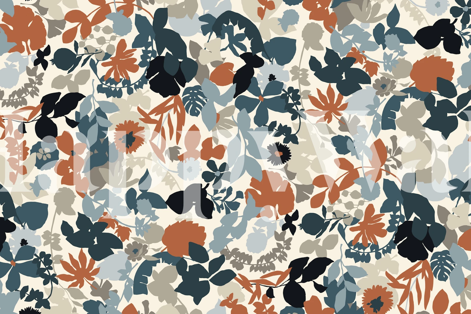 Colorful floral wallpaper in rust, blue, and grey tones; botanical design