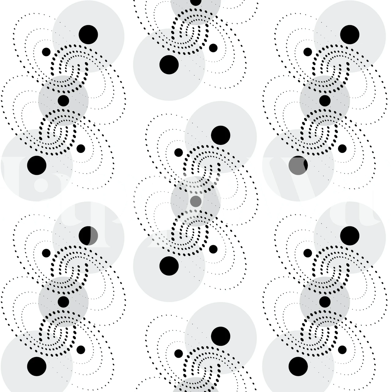 Abstract spiral and dot pattern wall mural in black and white