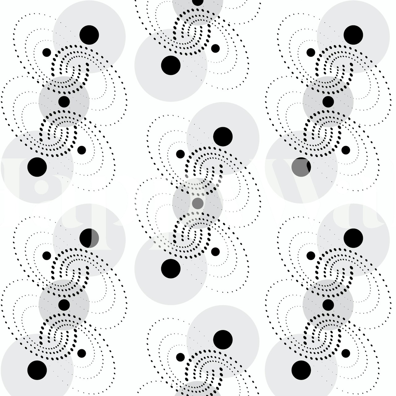 Abstrakti spiraali- ja pistekuvioinen seinämaalaus mustavalkoisena