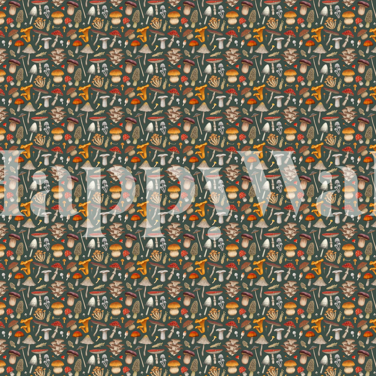 Colorful mushrooms in orange, beige, and green wallpaper