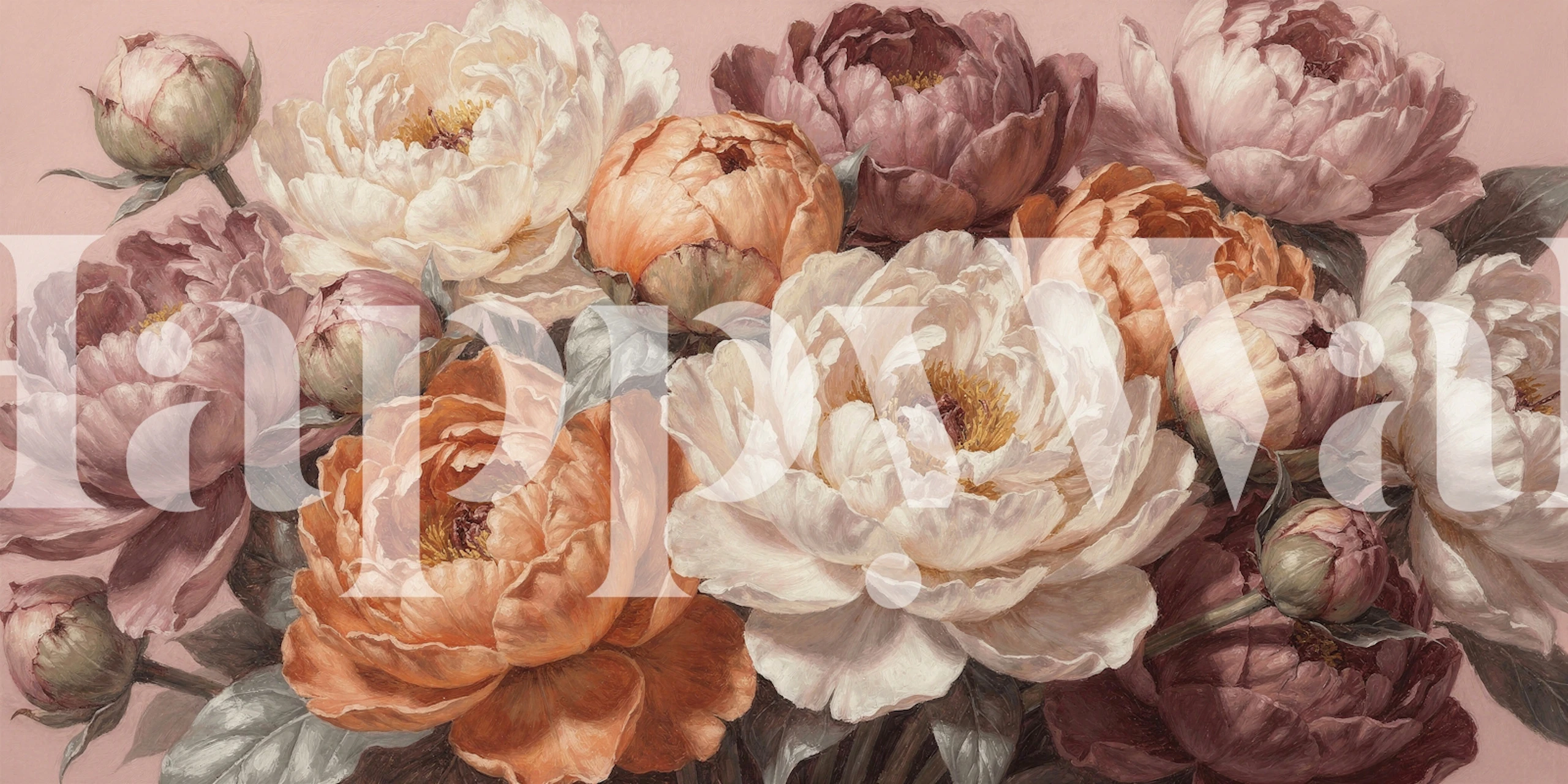 Elegant white peonies with detailed sketches over a pastel pink background wall mural.