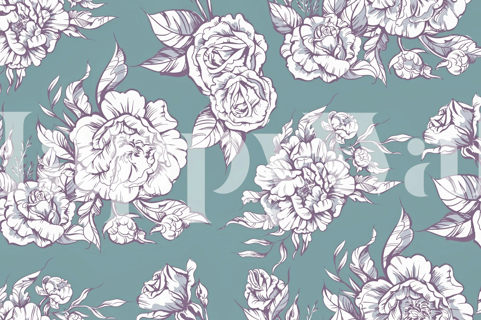 Elegante pioenrozen muurschildering met een blauwgroen achtergrond