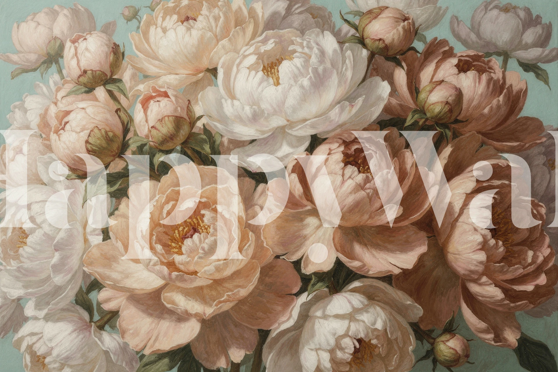 Teal background with white peonies and floral patterns wallpaper