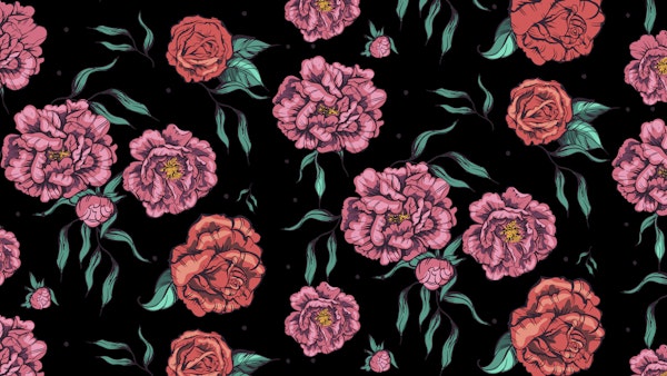Hand Drawn Peonies on Black