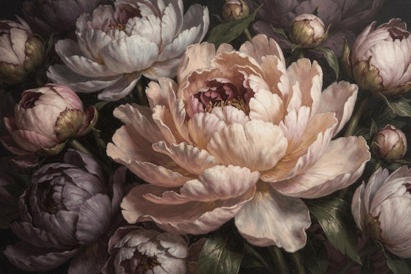 Hand Drawn Peonies on Black