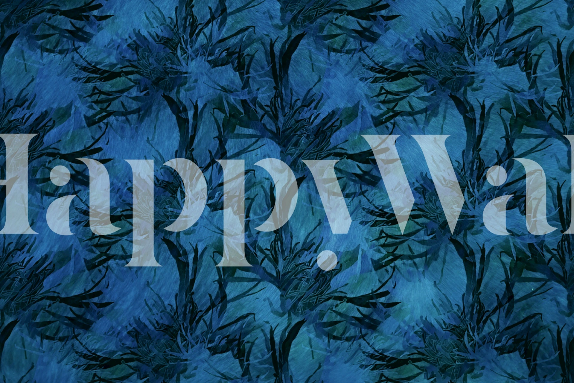 Teal floral silhouettes on deep blue background wall mural