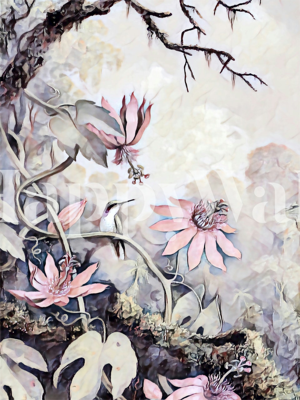 Vintage jungle pastel mural features pink flowers and greenery wallpaper