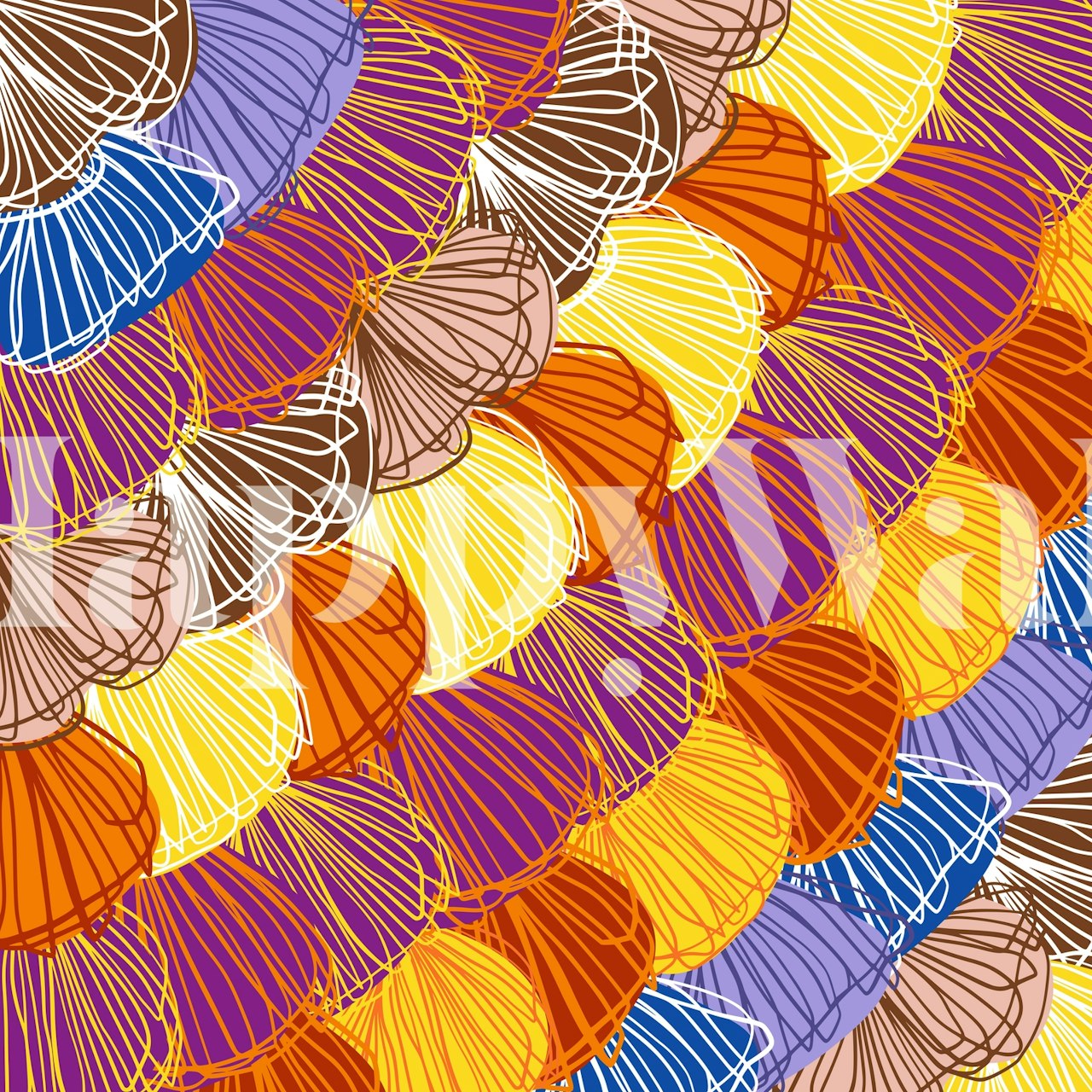 Colorful abstract seashell patterns in orange, yellow, purple, and blue wallpaper