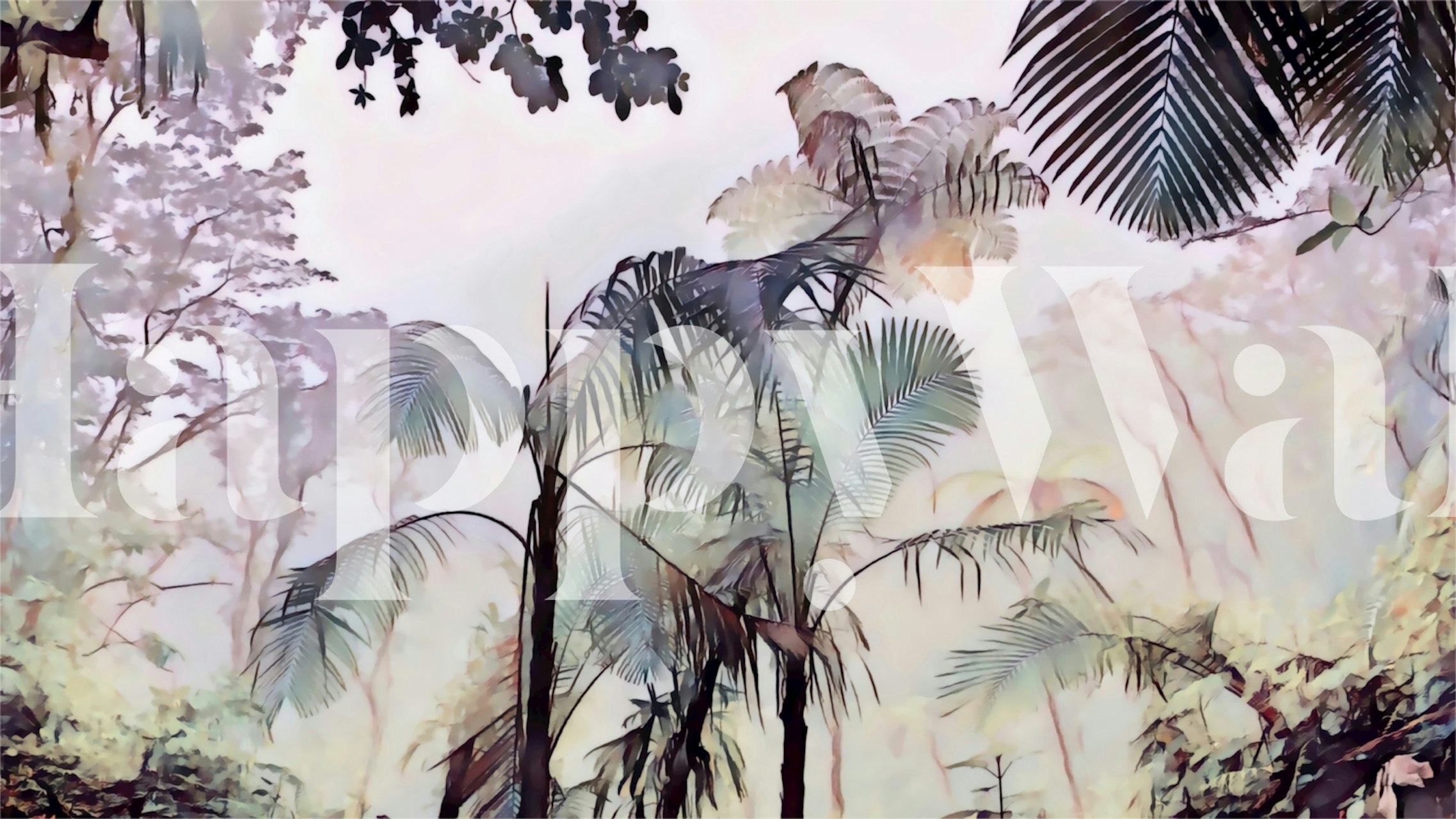 Soft misty jungle wallpaper featuring green palms and trees