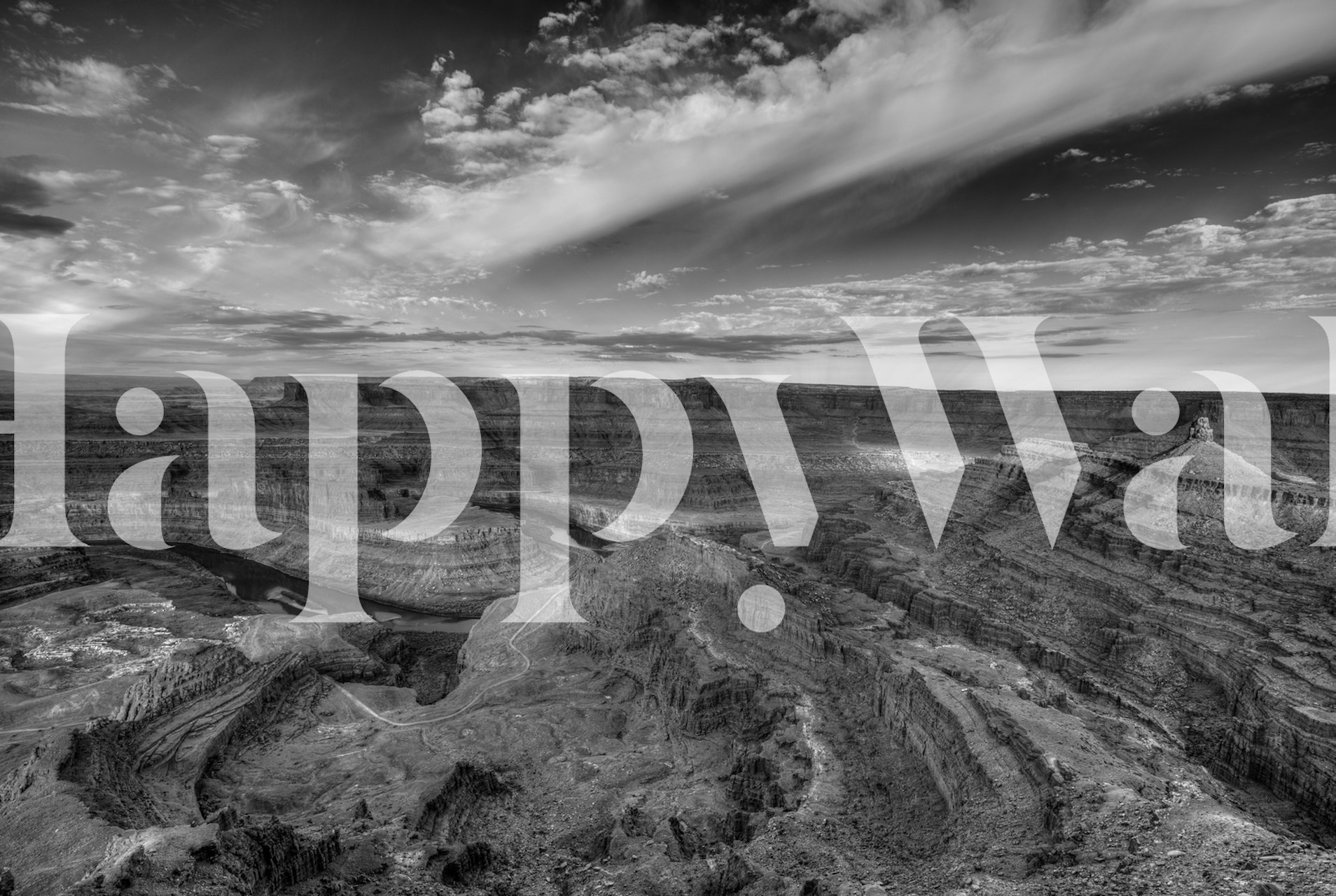 Black and white wall mural of Dead Horse Canyon with dramatic clouds and textured landscape
