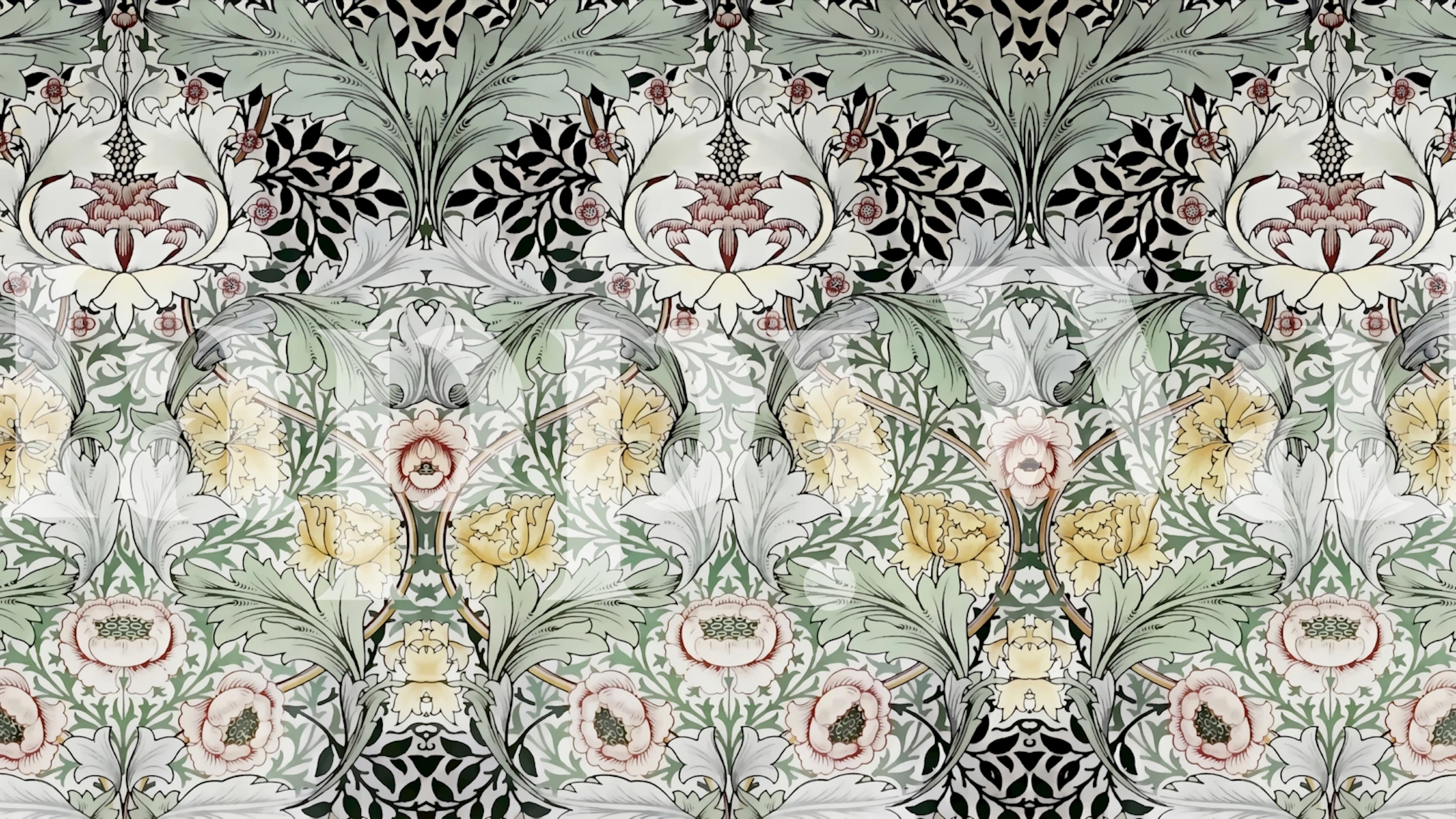 Floral wallpaper featuring green, black, white, and pink patterns in a vintage style