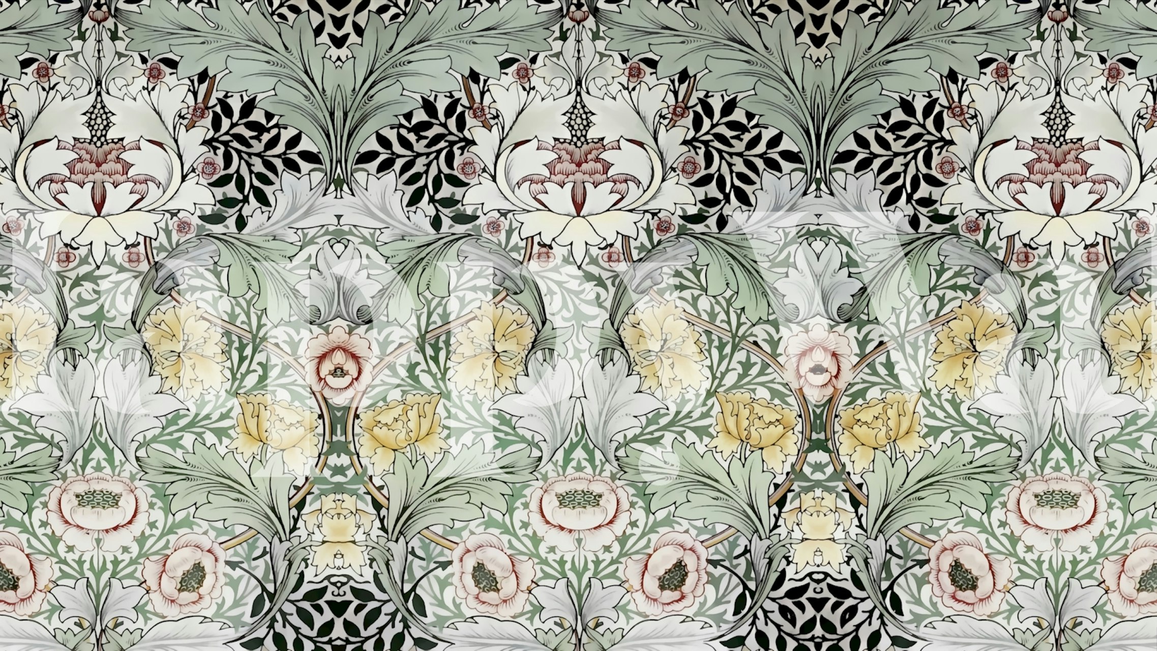 Floral wallpaper featuring green, black, white, and pink patterns in a vintage style