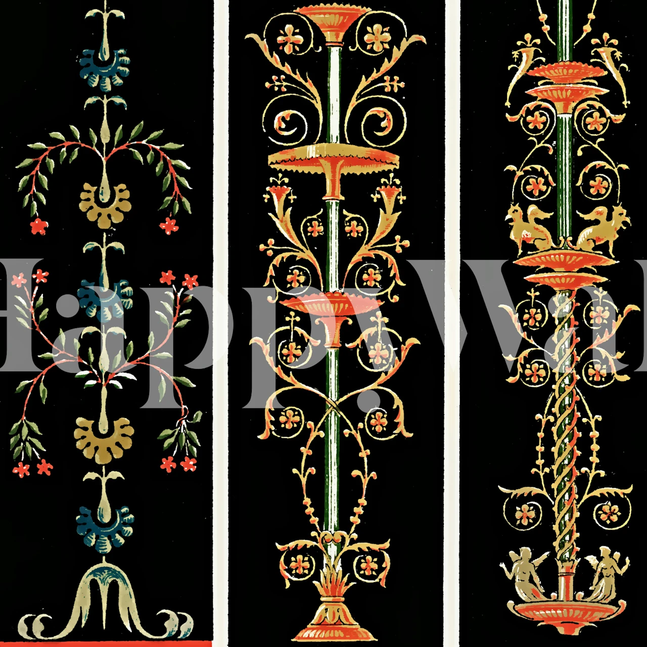 Vintage floral wallpaper with gold accents on black background