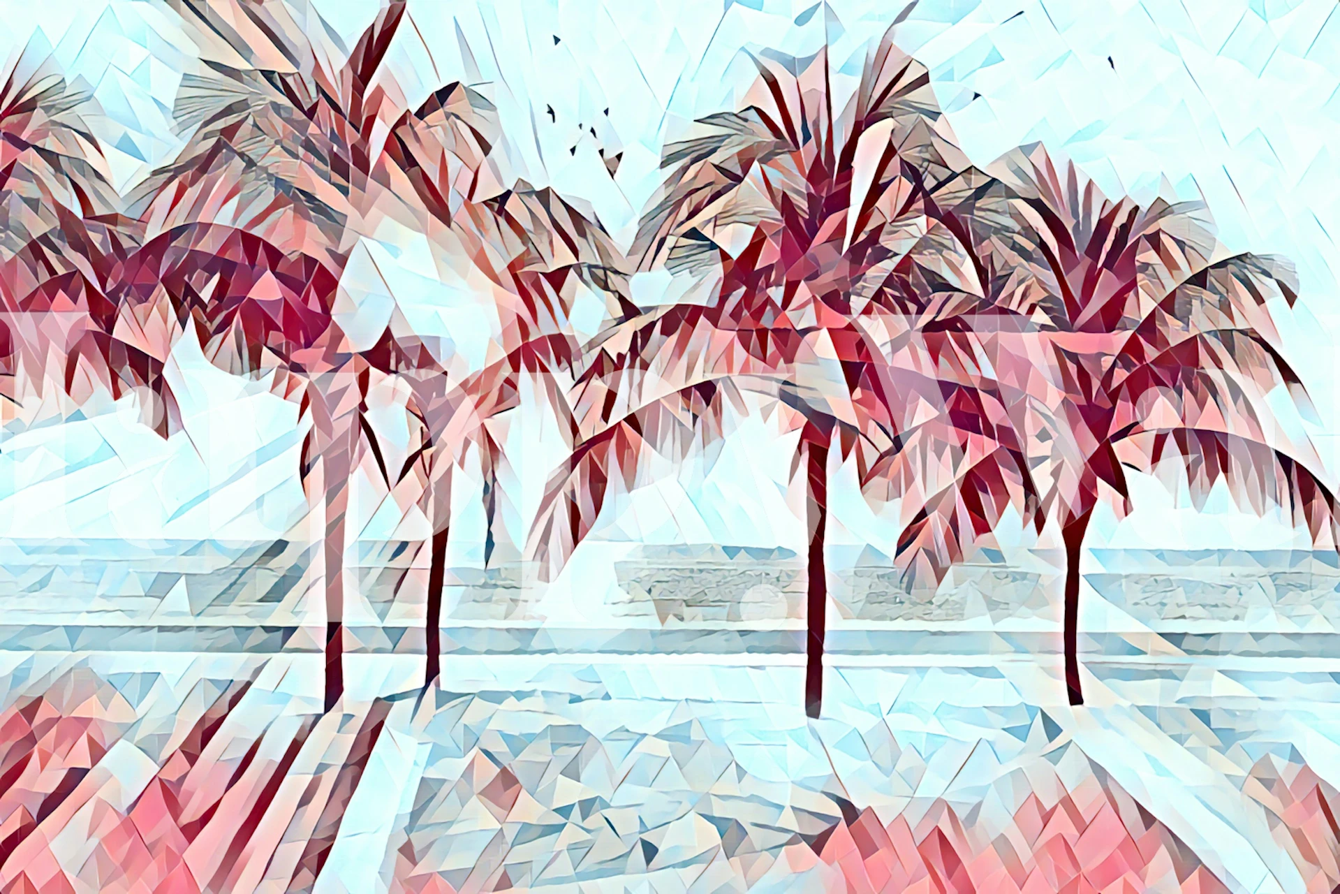 Tropical palm trees with pink and blue geometric design wallpaper