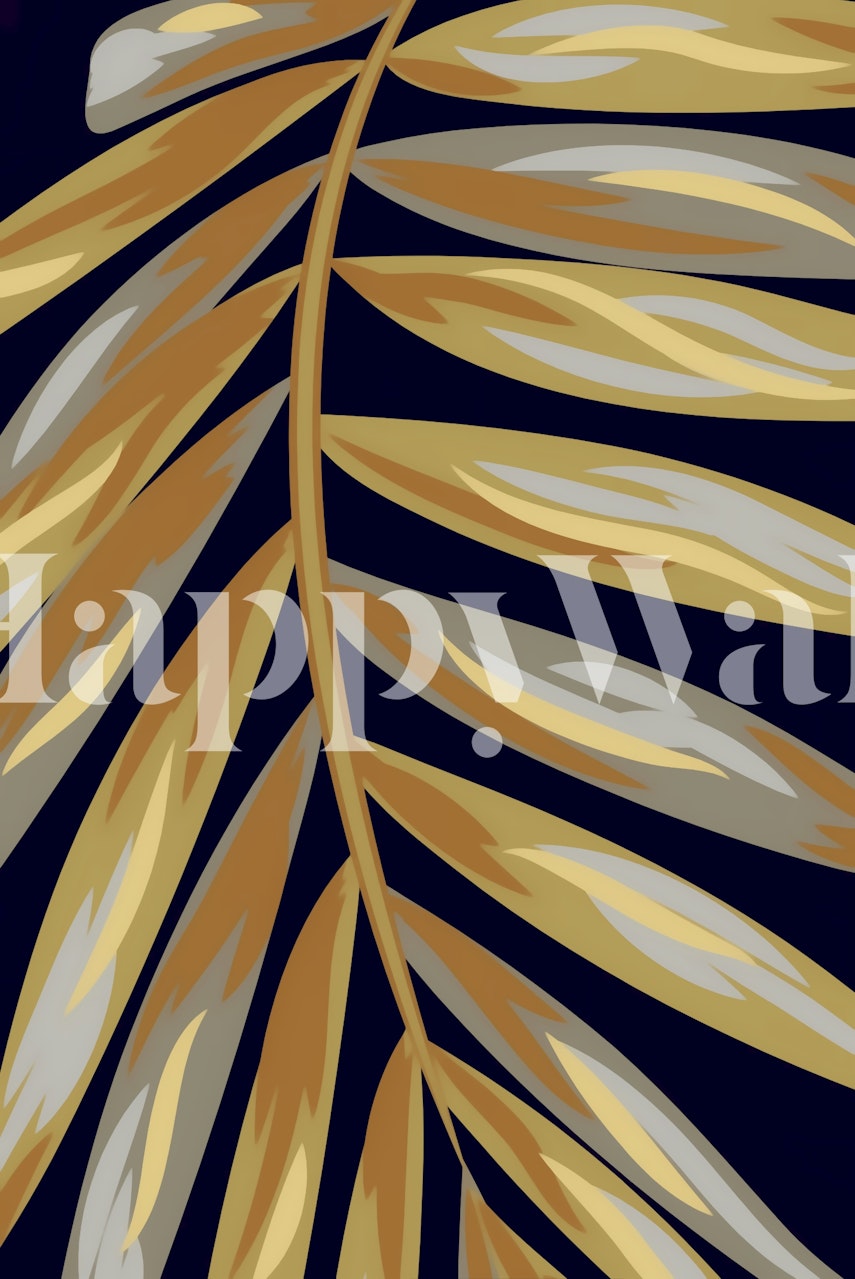 Papier peint luxueux de feuilles de palmier dorées sur fond bleu marine